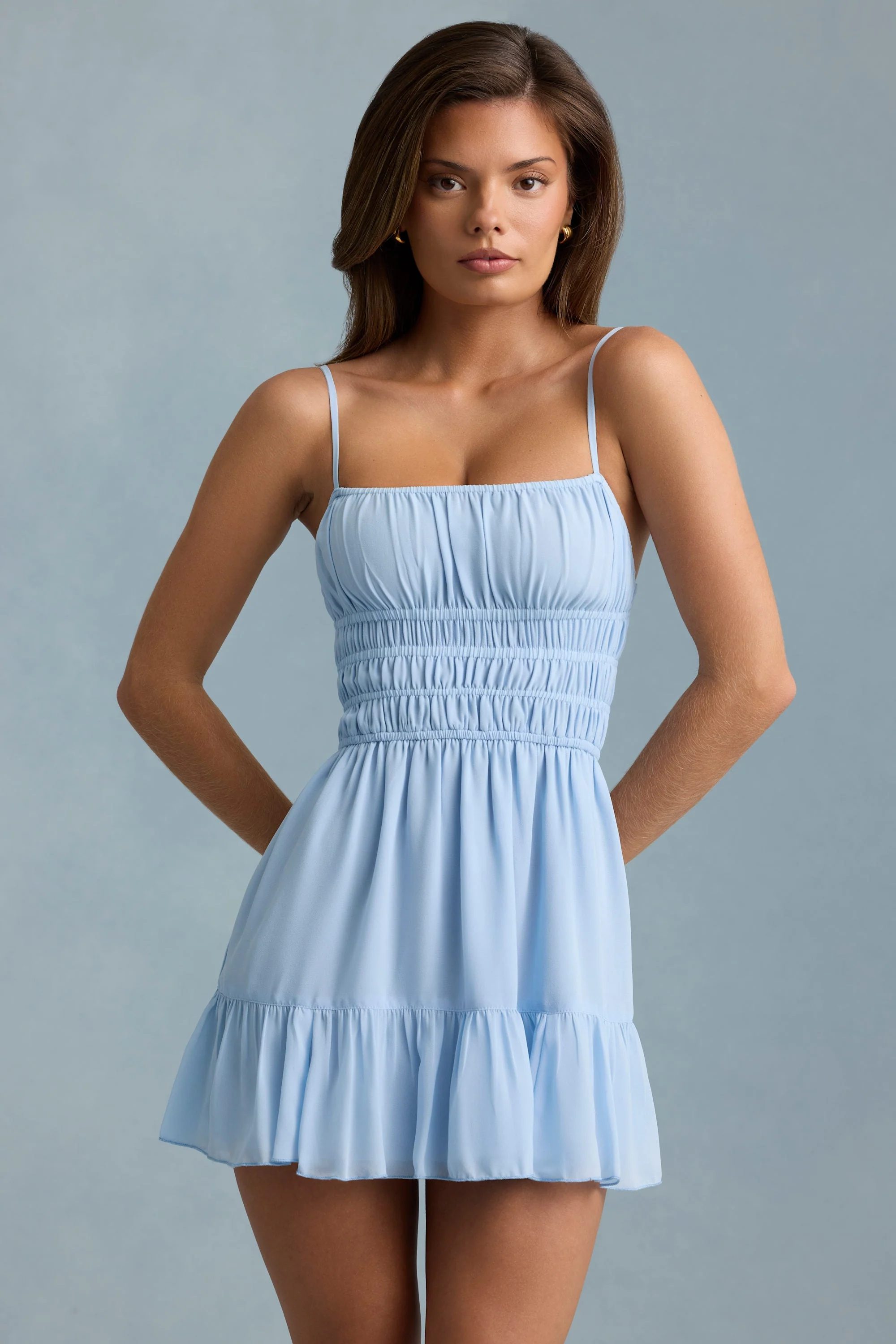 Shirred Camisole Mini Dress in Sky Blue
