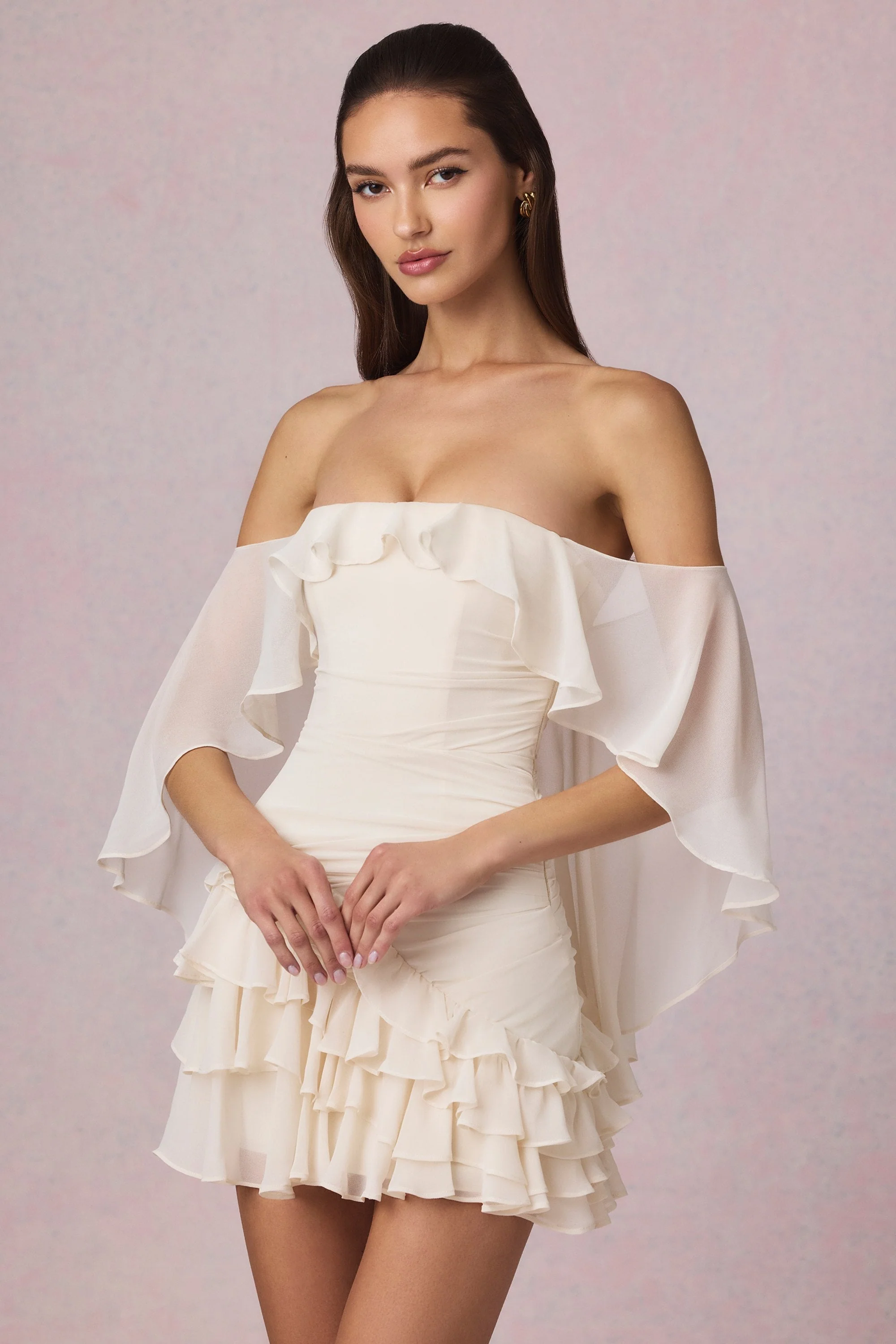 Off-Shoulder Ruffled Mini Dress in Ivory