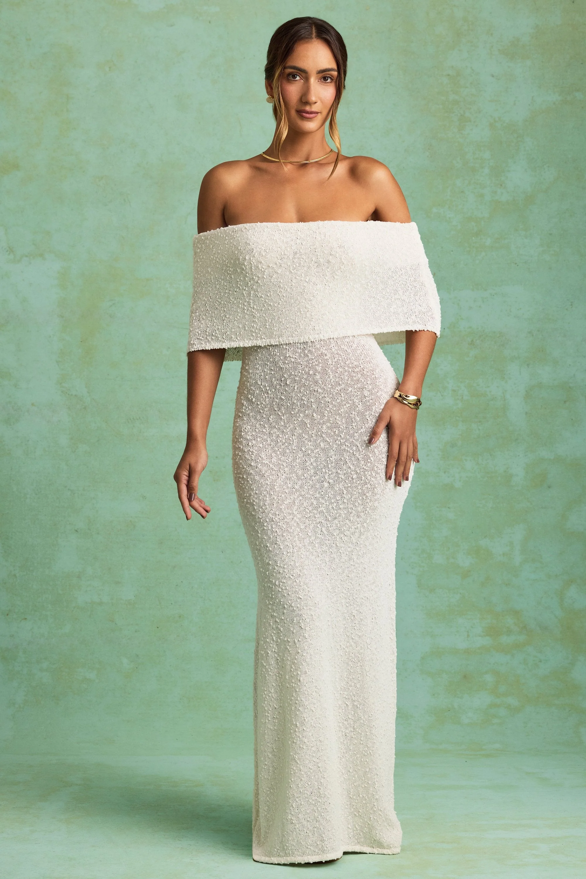Bouclé Off-Shoulder Maxi Dress in White