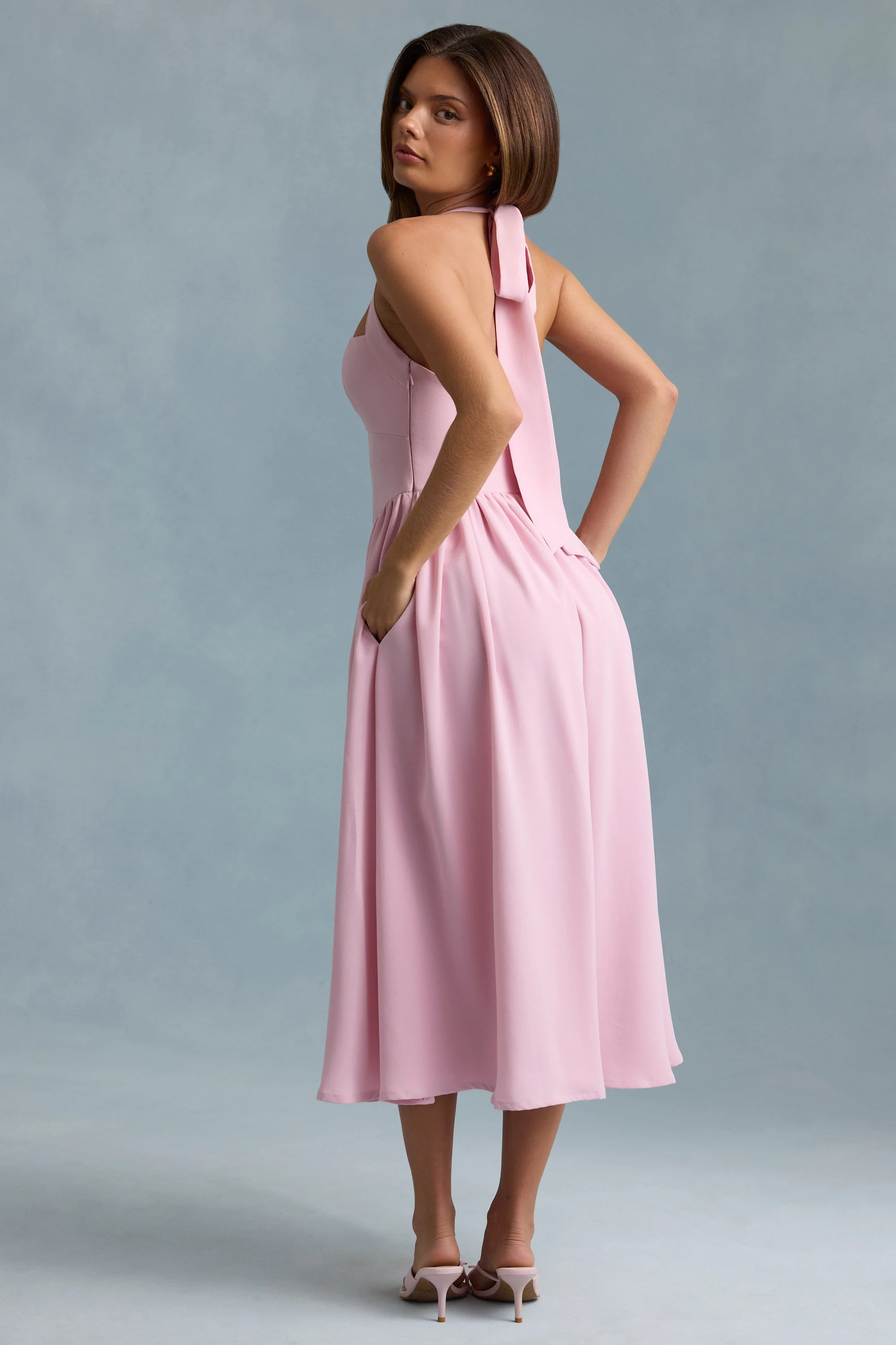 Button-Detail Halterneck Midaxi Dress in Soft Pink