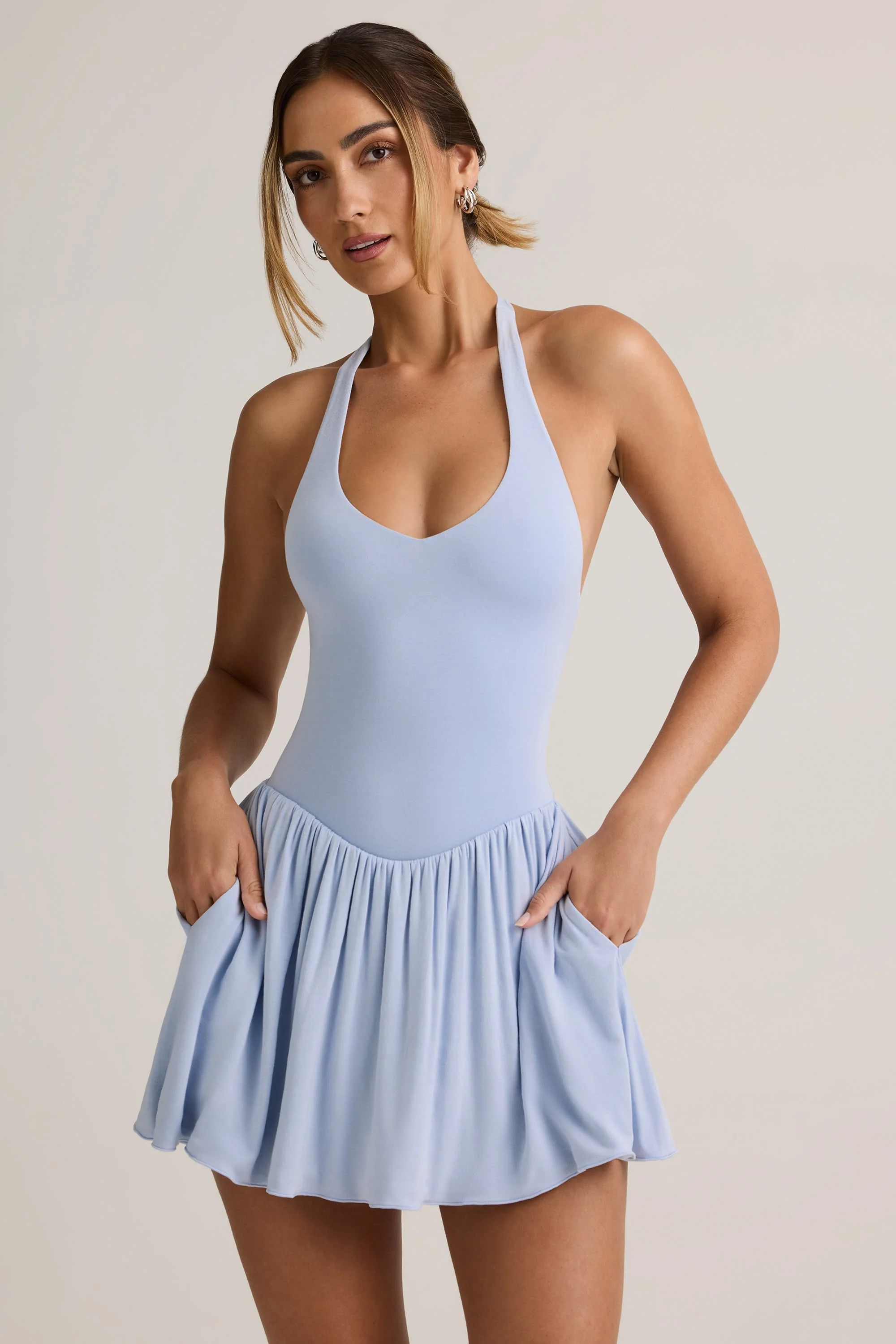 Modal Backless Halterneck Mini Dress in Light Blue