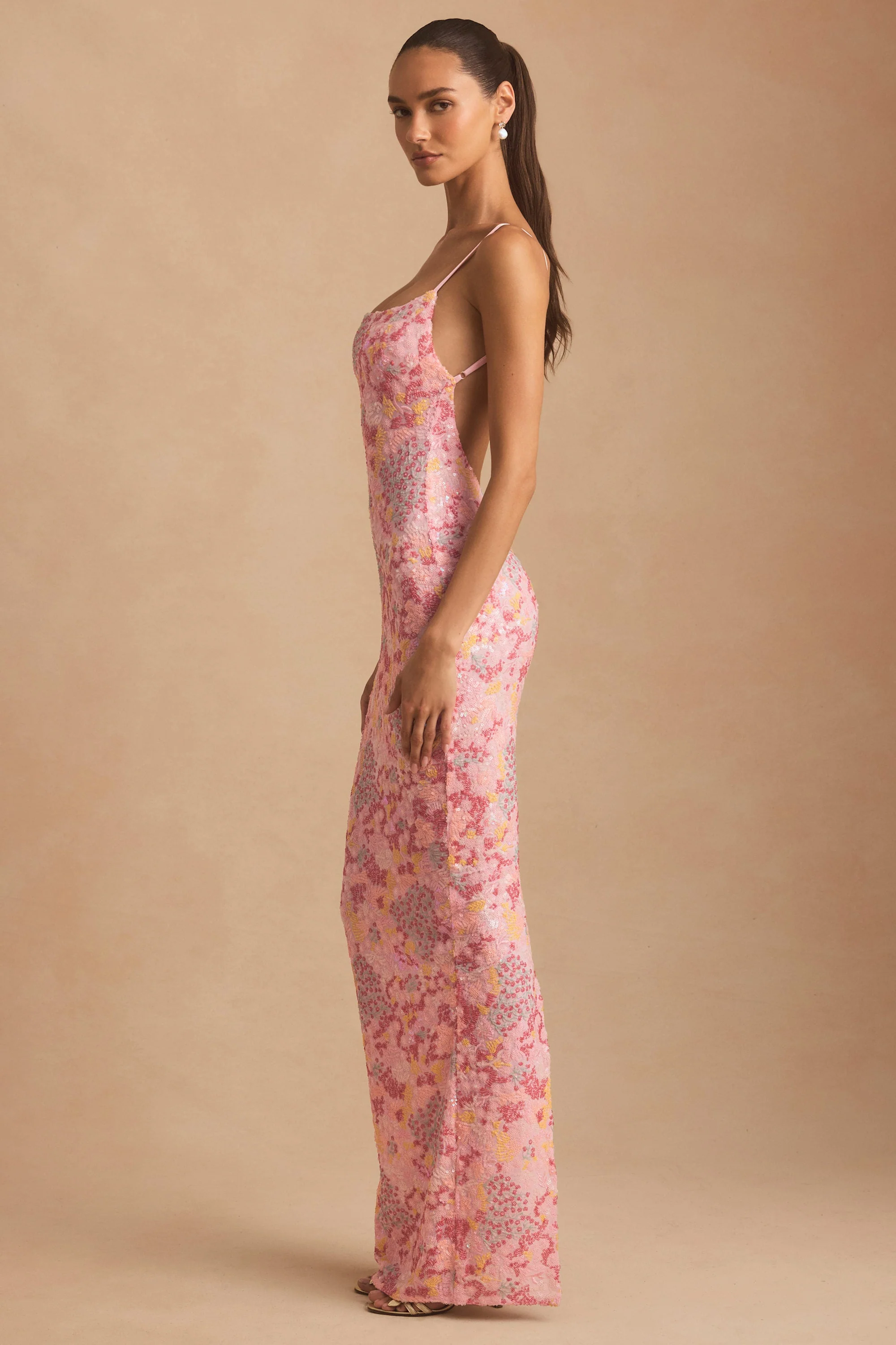 Embellished Scoop-Neck Backless Maxi Dress in Pink