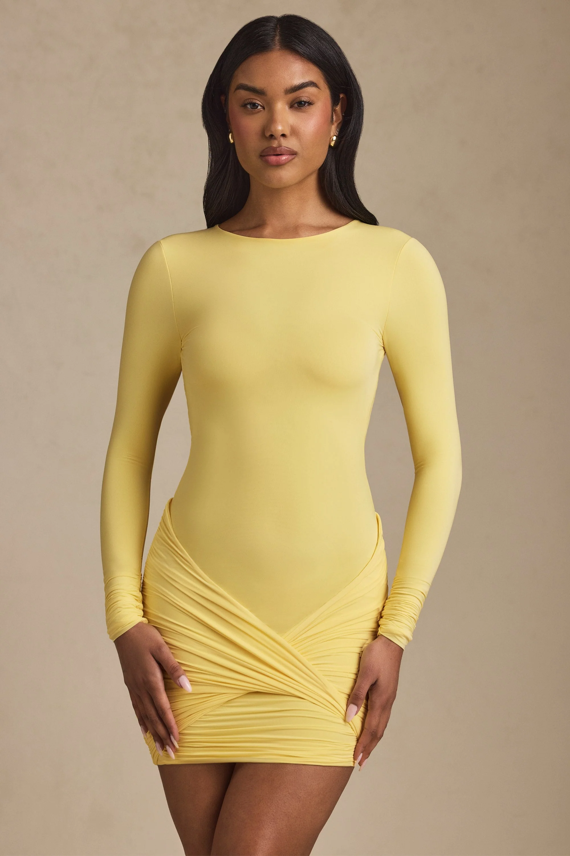 Twist-Front Ruched Backless Mini Dress in Pastel Yellow