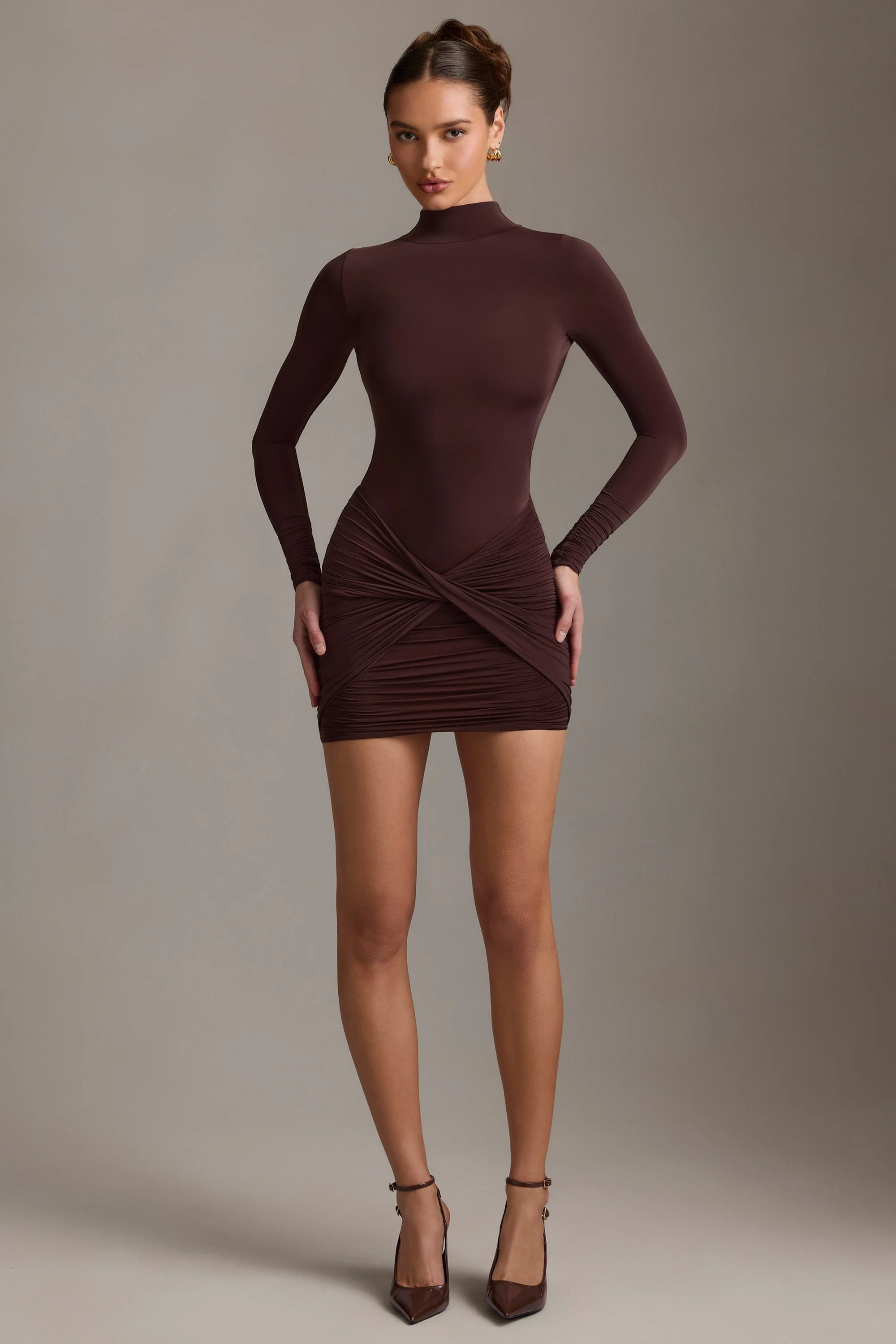Ruched Backless Turtleneck Mini Dress in Chocolate Brown