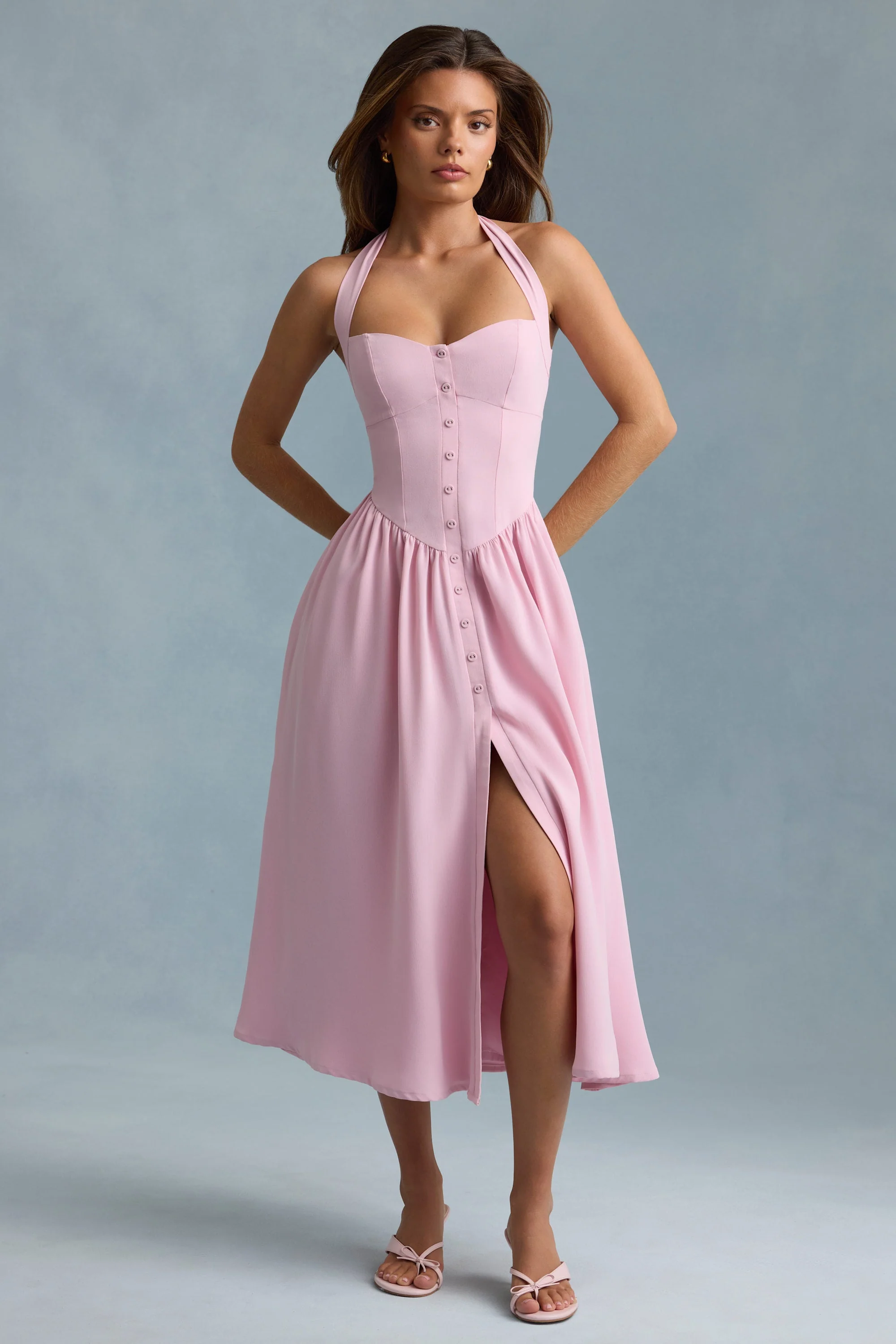 Button-Detail Halterneck Midaxi Dress in Soft Pink