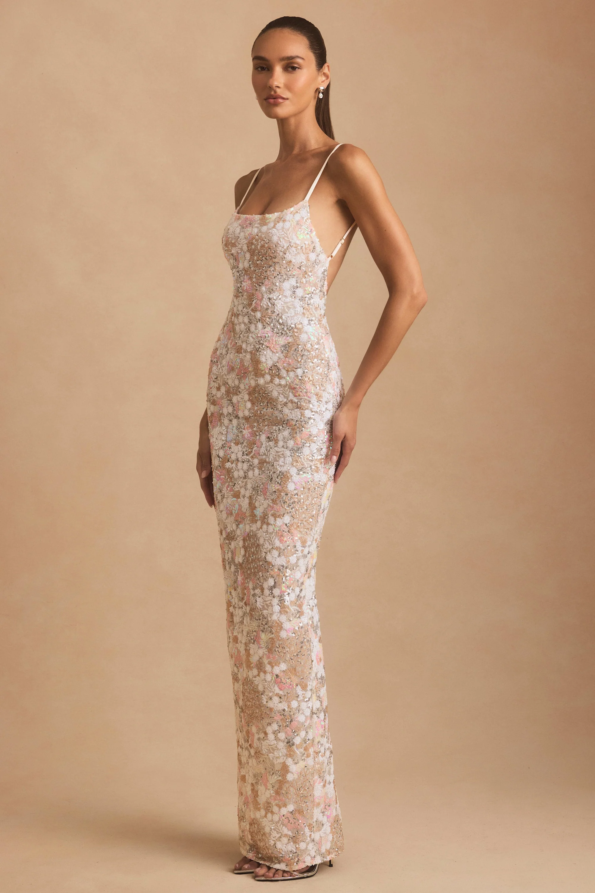 Embellished Scoop-Neck Backless Maxi Dress in Ivory
