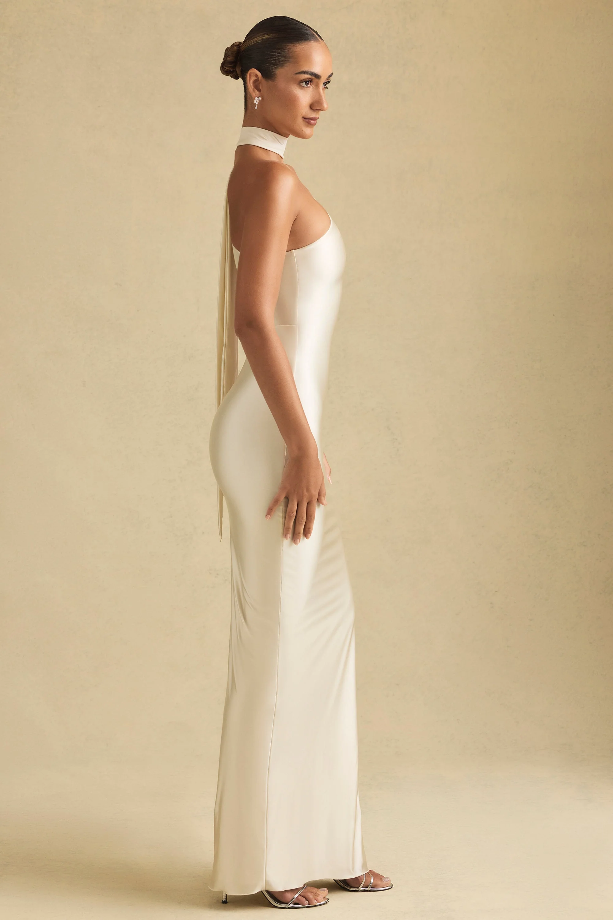 Asymmetric Scarf-Detail Maxi Dress in Ivory