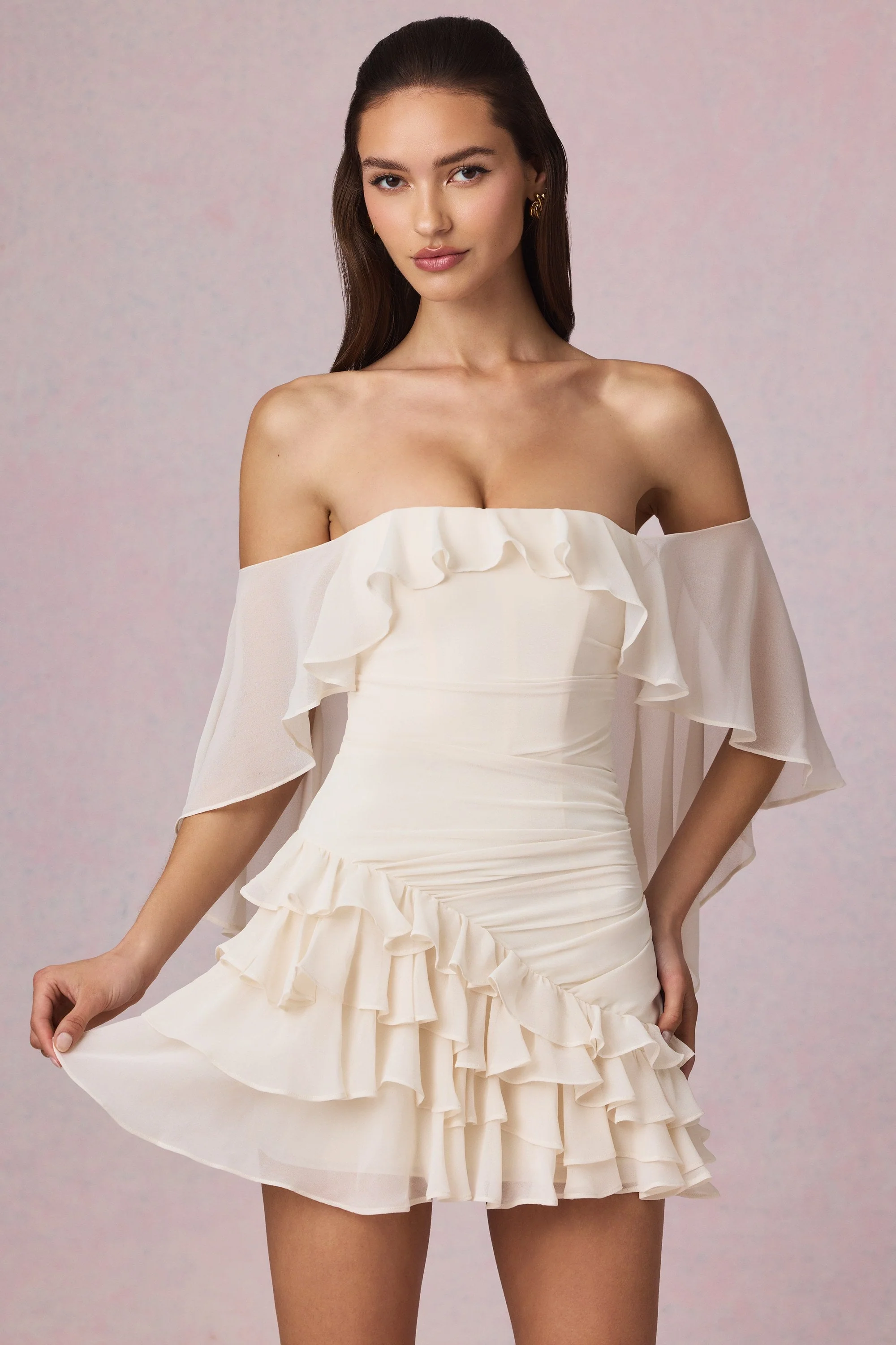 Off-Shoulder Ruffled Mini Dress in Ivory
