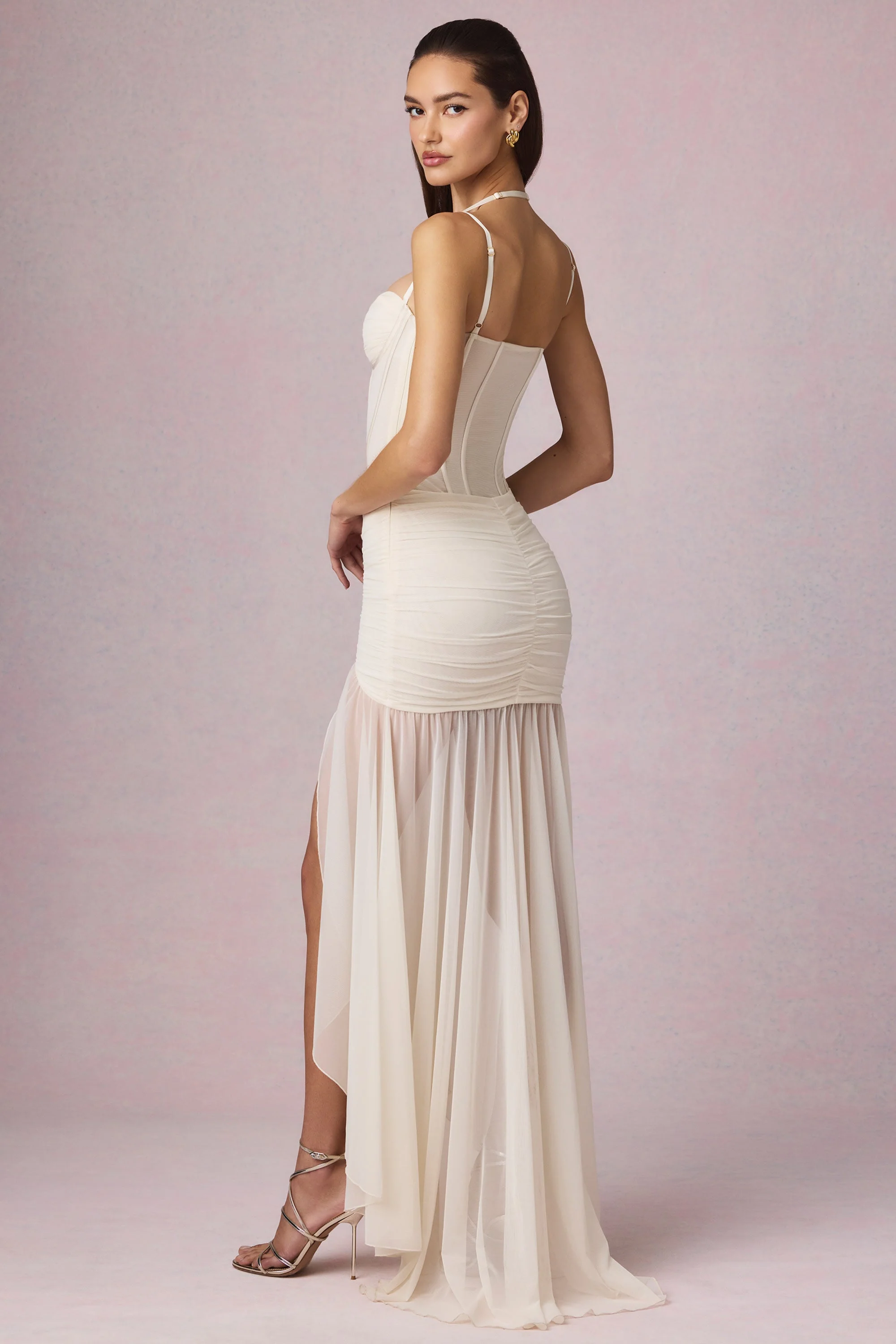 Ruched Asymmetric Corset Gown in Ivory