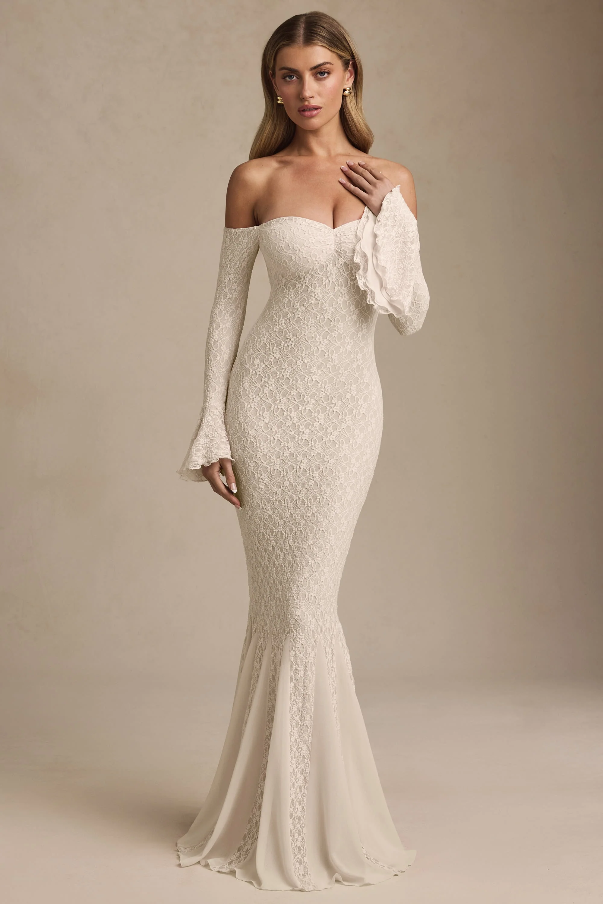 Off-Shoulder Ruffle Lace Maxi Dress in Ivory