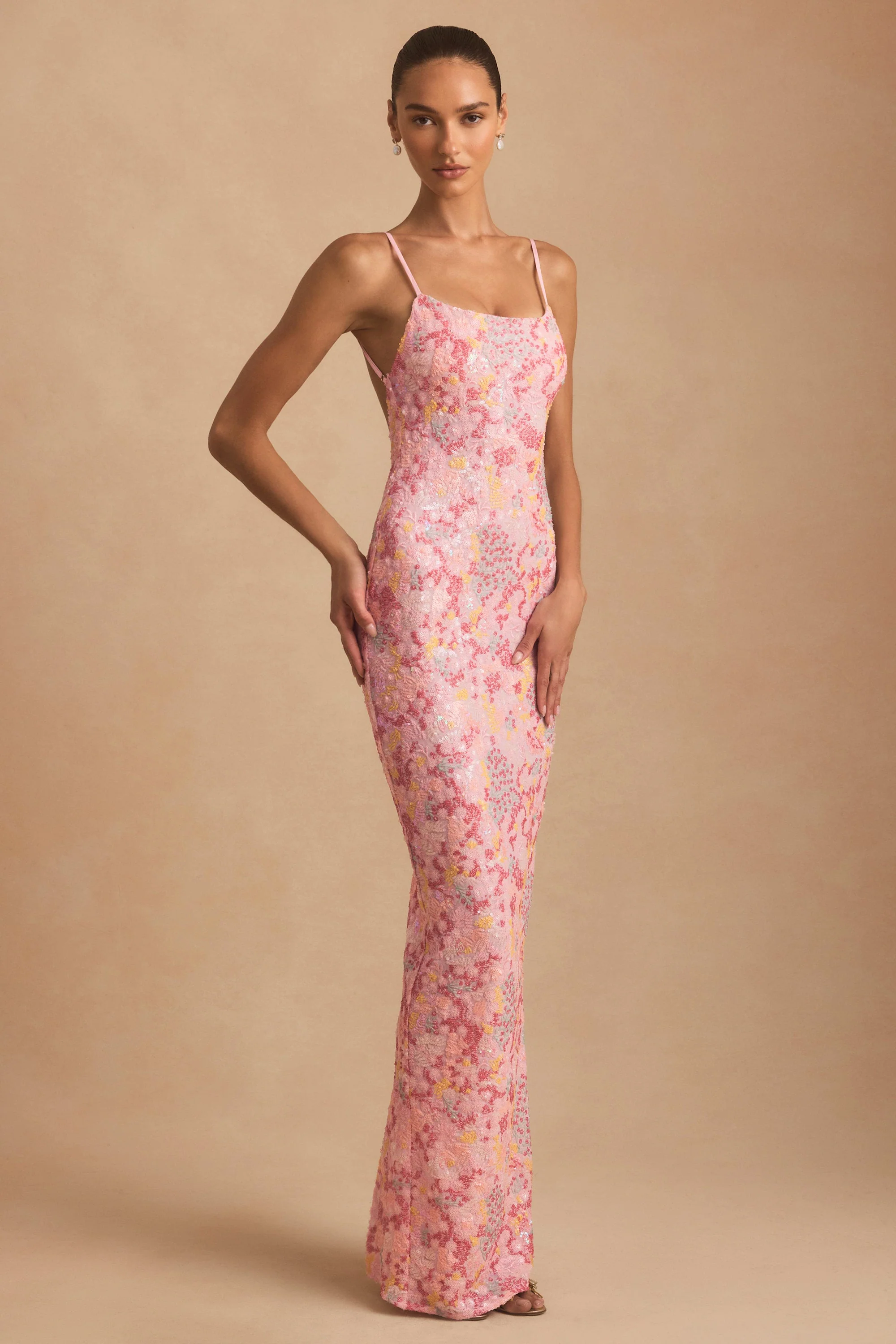 Embellished Scoop-Neck Backless Maxi Dress in Pink