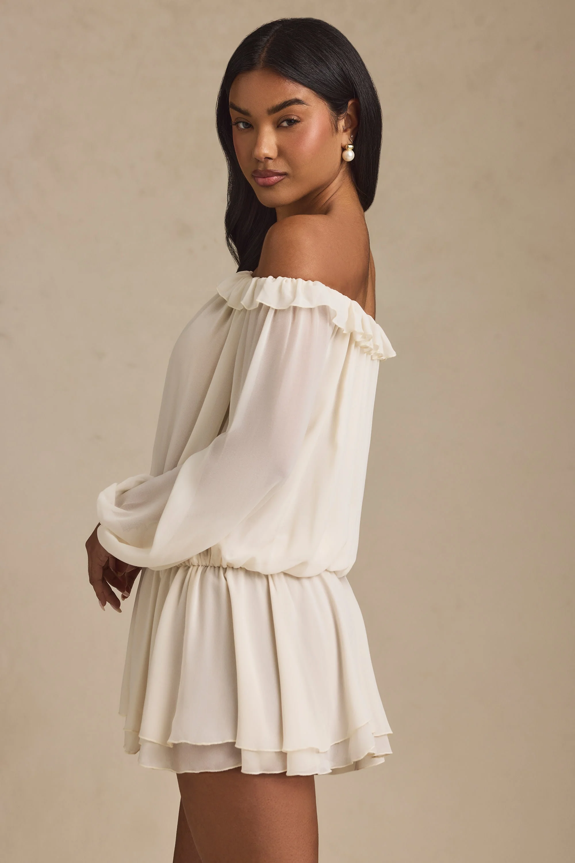 Off-Shoulder Asymmetric Balloon-Sleeve Mini Dress in Ivory