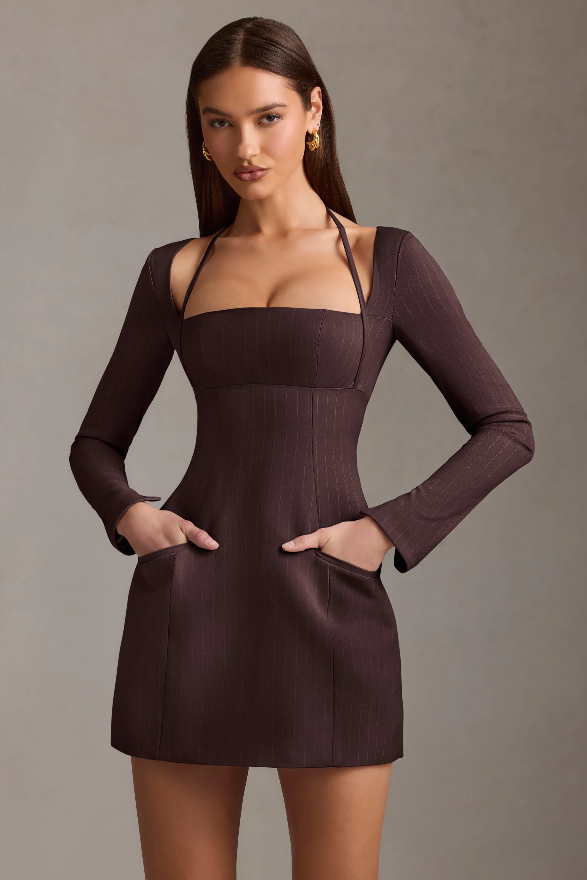 Pinstripe Structured A-Line Mini Dress in Chocolate Brown