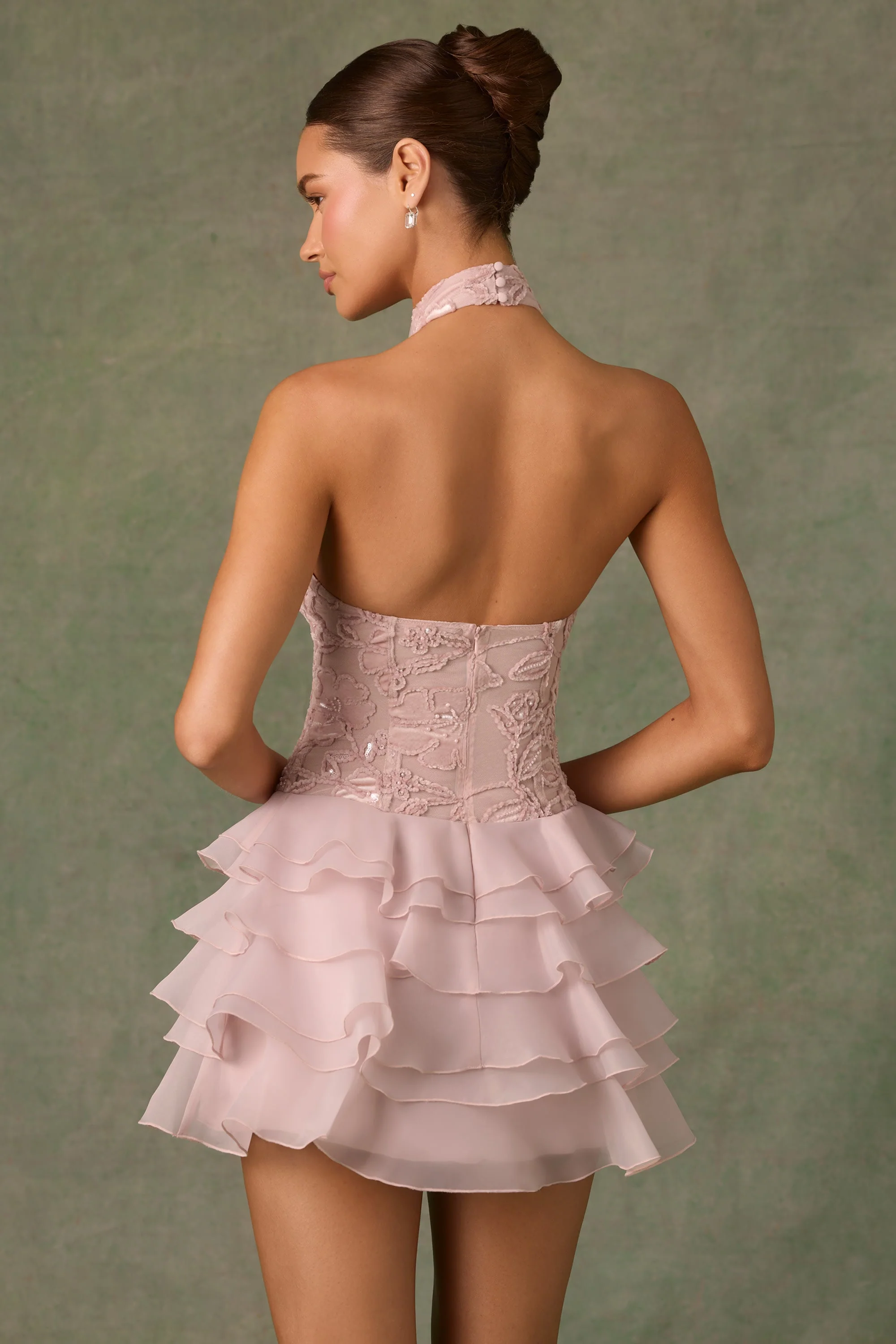 Embellished Ruffled Halterneck Mini Dress in Dusty Rose