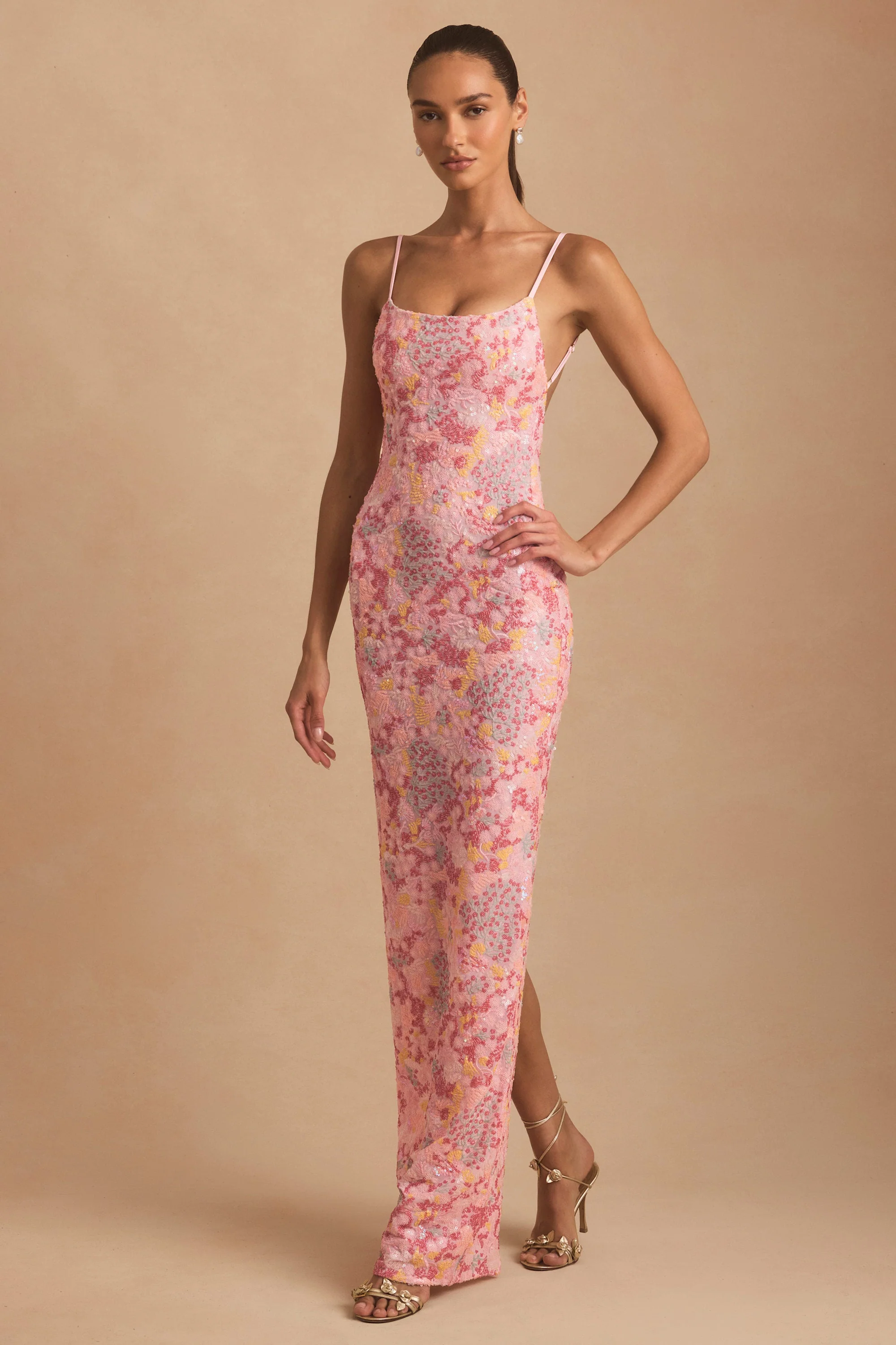 Embellished Scoop-Neck Backless Maxi Dress in Pink