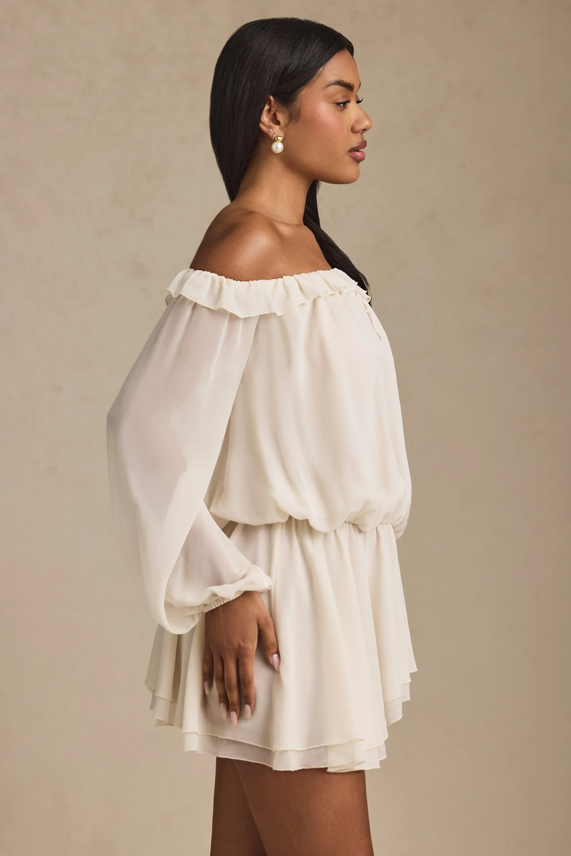 Off-Shoulder Asymmetric Balloon-Sleeve Mini Dress in Ivory