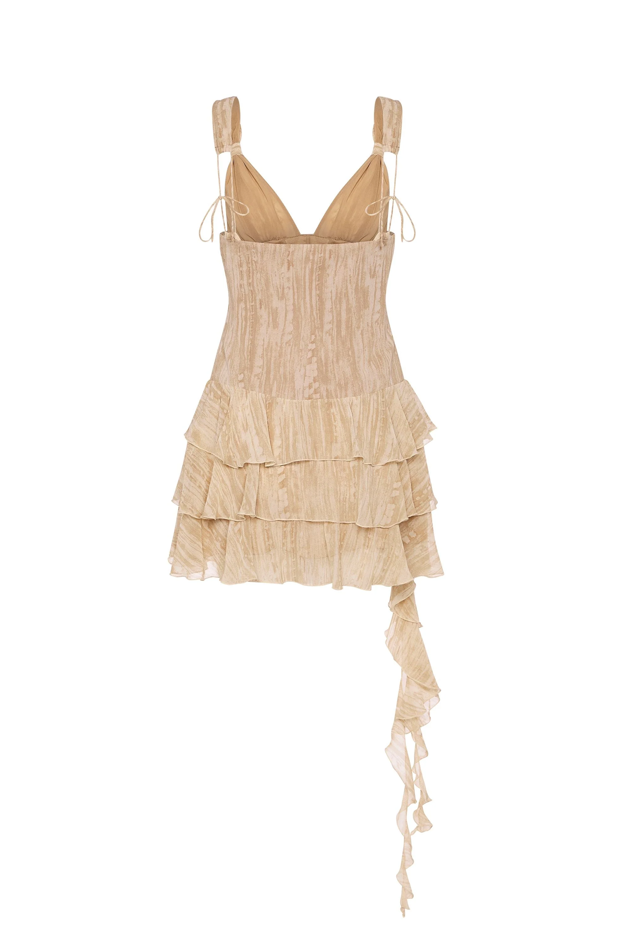 Lace-Up Ruffled Tiered Mini Dress in Tan Print