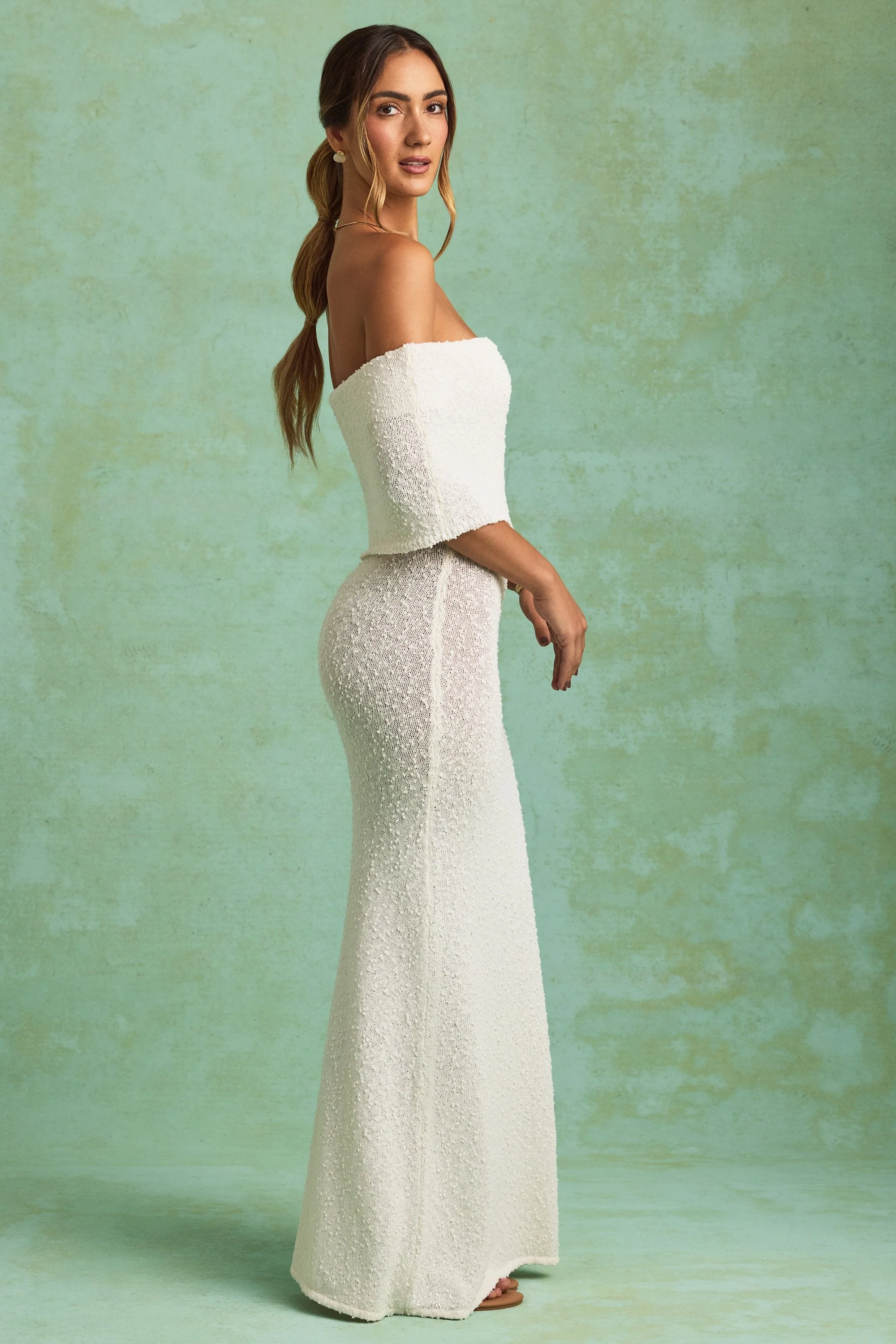 Bouclé Off-Shoulder Maxi Dress in White