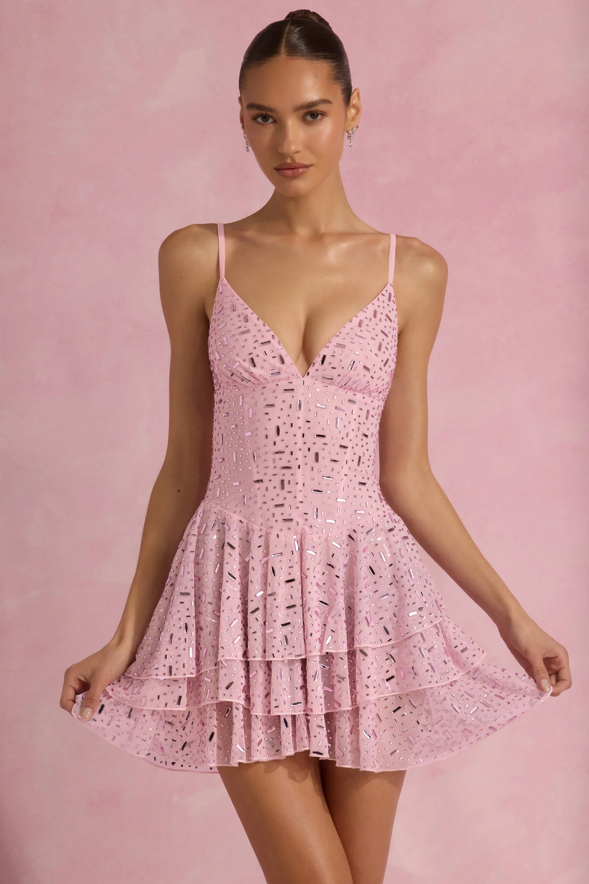 Embellished Ruffled Tiered Mini Dress in Pink