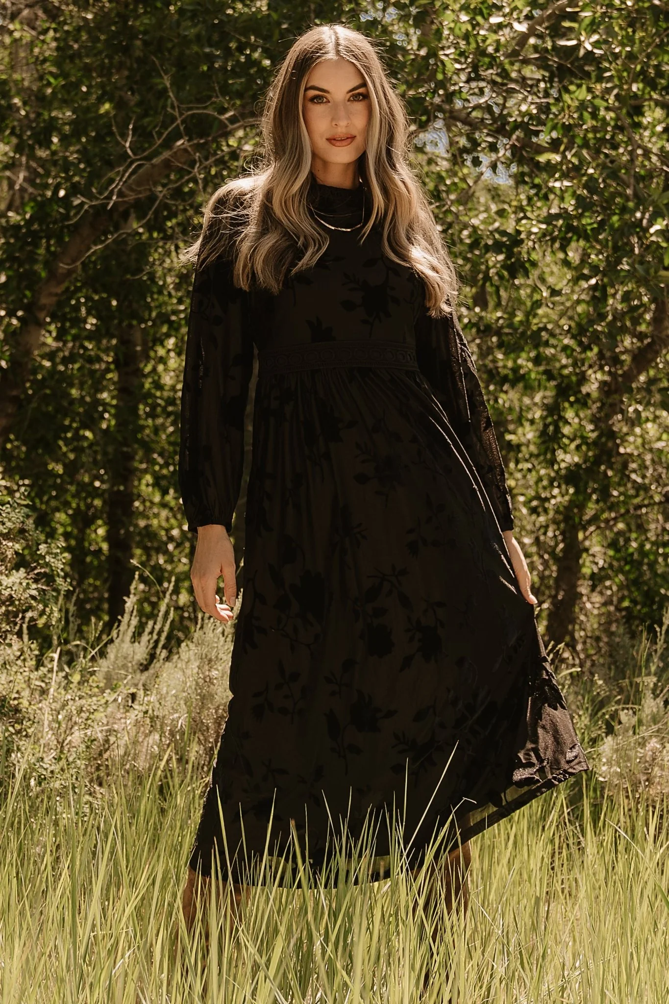 Christine Velvet Embossed Midi Dress | Black