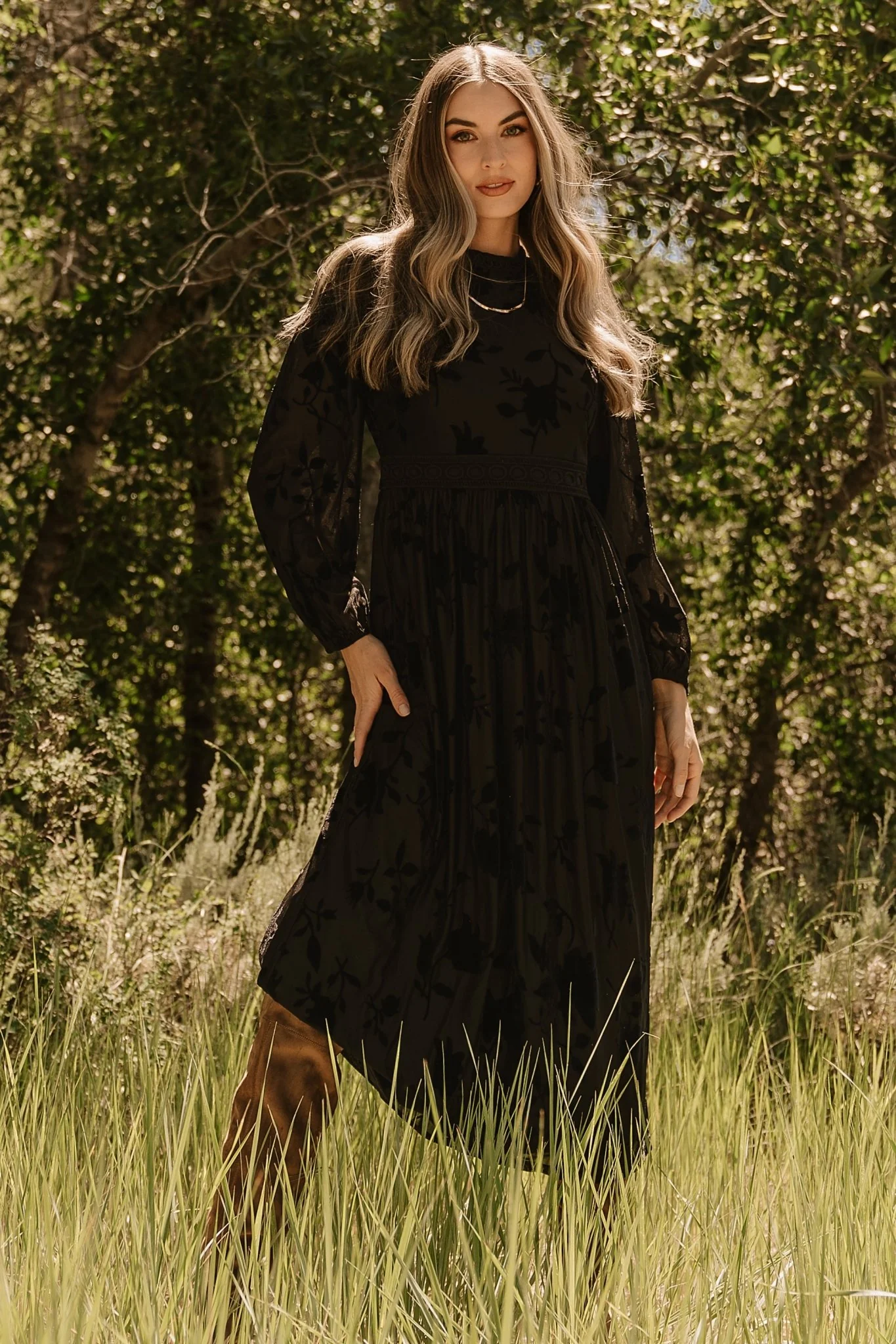 Christine Velvet Embossed Midi Dress | Black