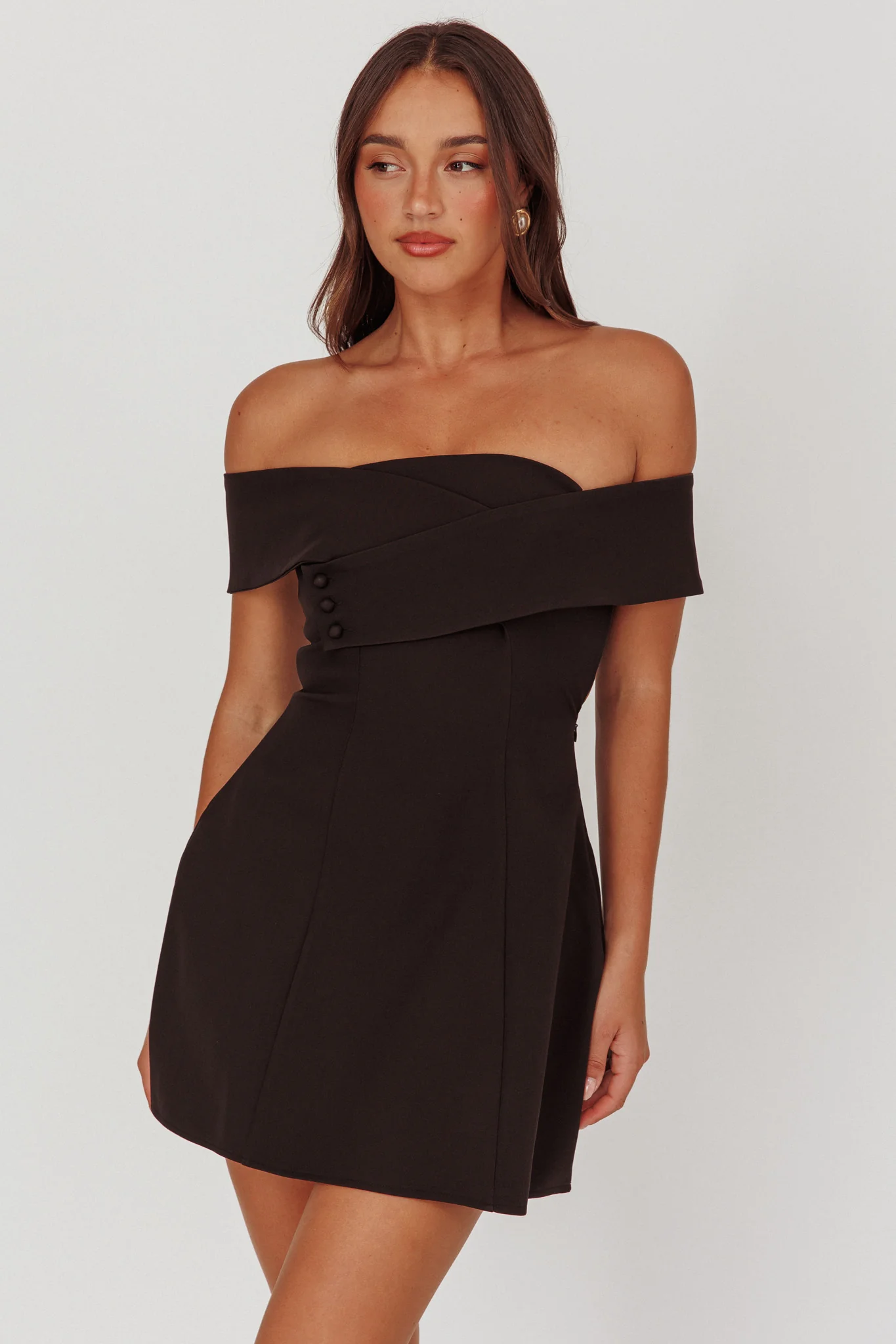 Midnight Moment Off-Shoulder Crossover Mini Dress Black