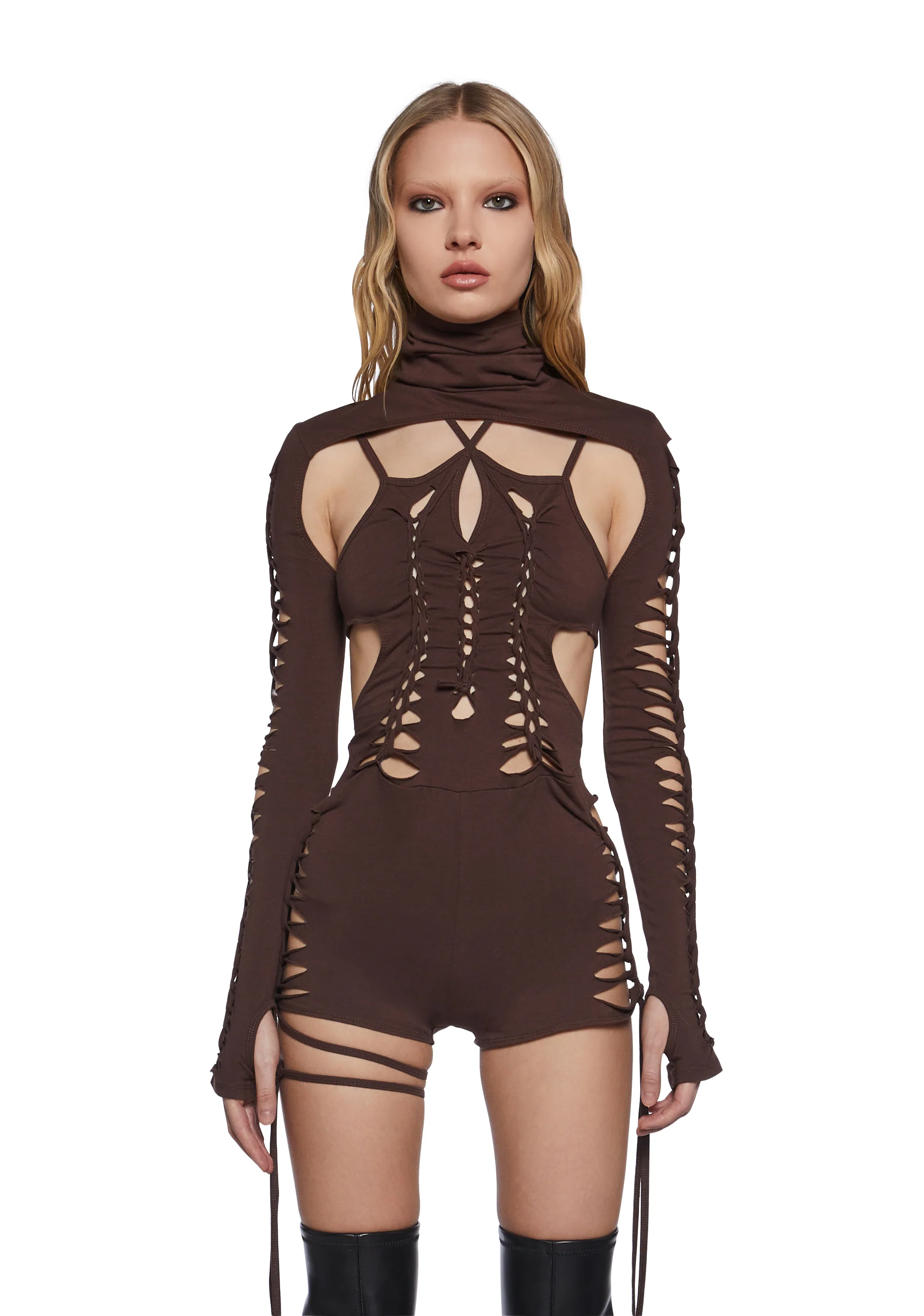 Chord Shredded Romper With Shrug - Brown