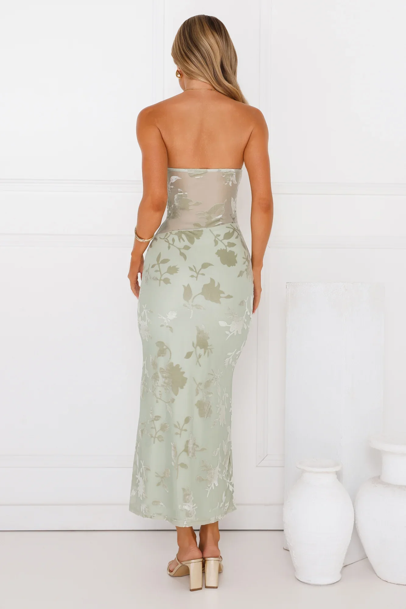 Style Too Good Strapless Mesh Maxi Dress Sage