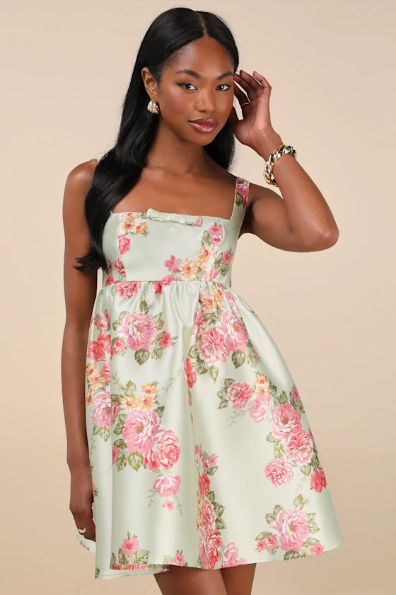 Unbelievably Lovely Sage Floral Babydoll Empire Waist Mini Dress