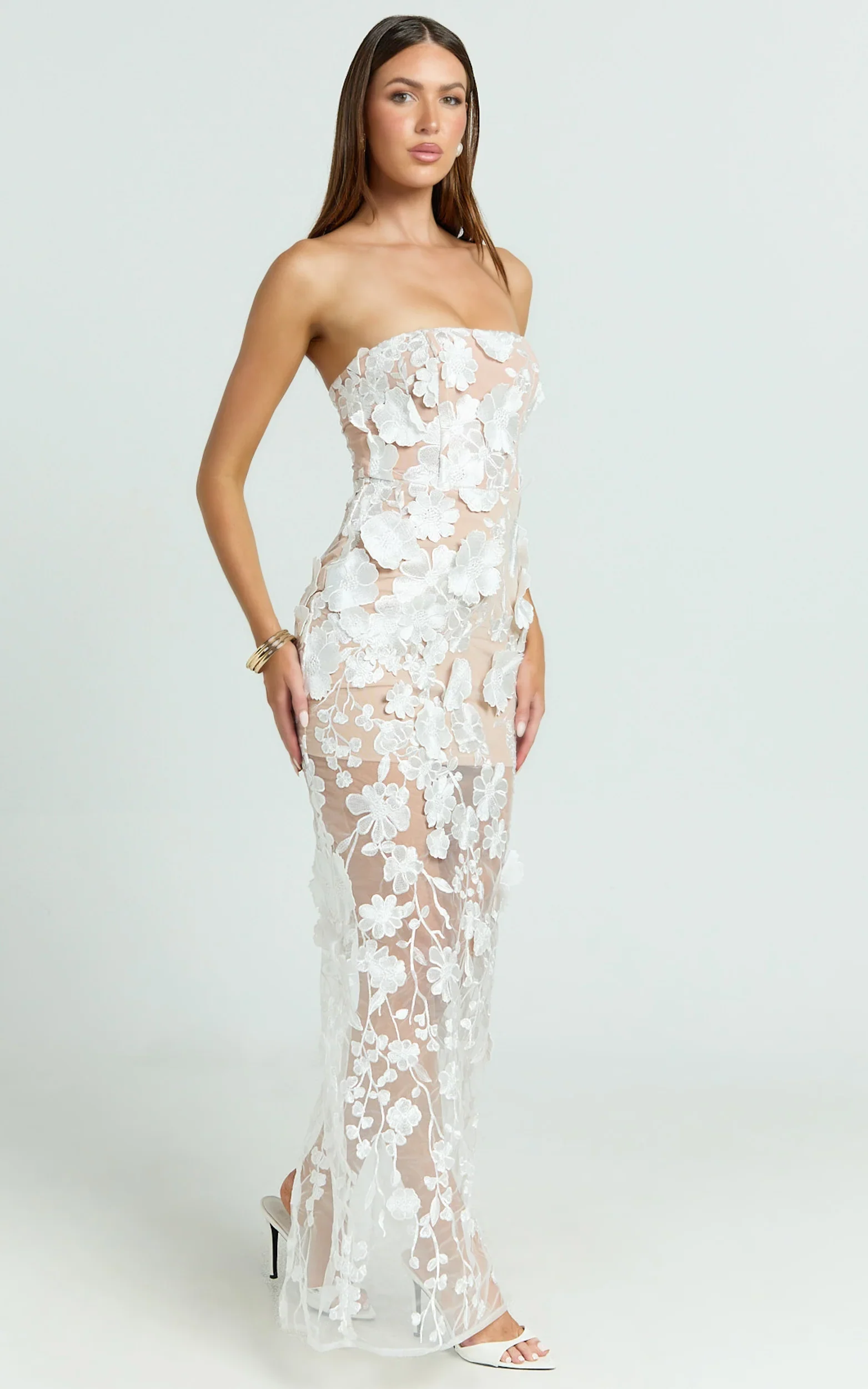 Sienna Maxi Dress 3D Floral Strapless Column Dress in White