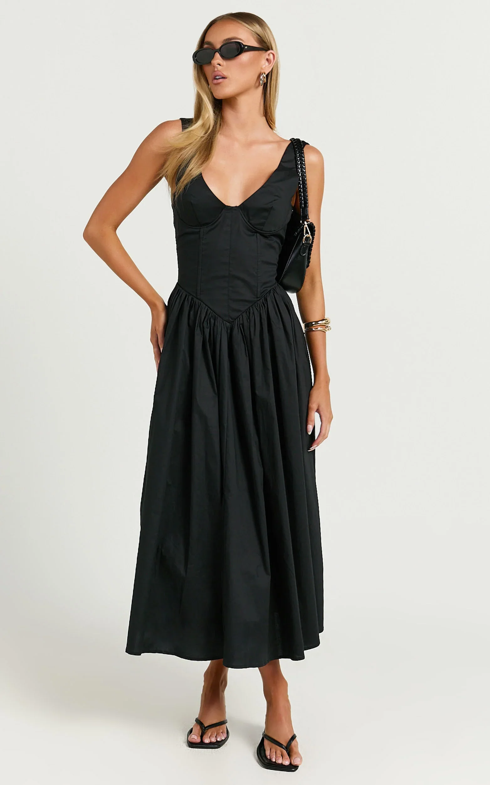 Beckett Midi Dress Scoop Neck Drop V Waist Gathered Skirt Dress in Black