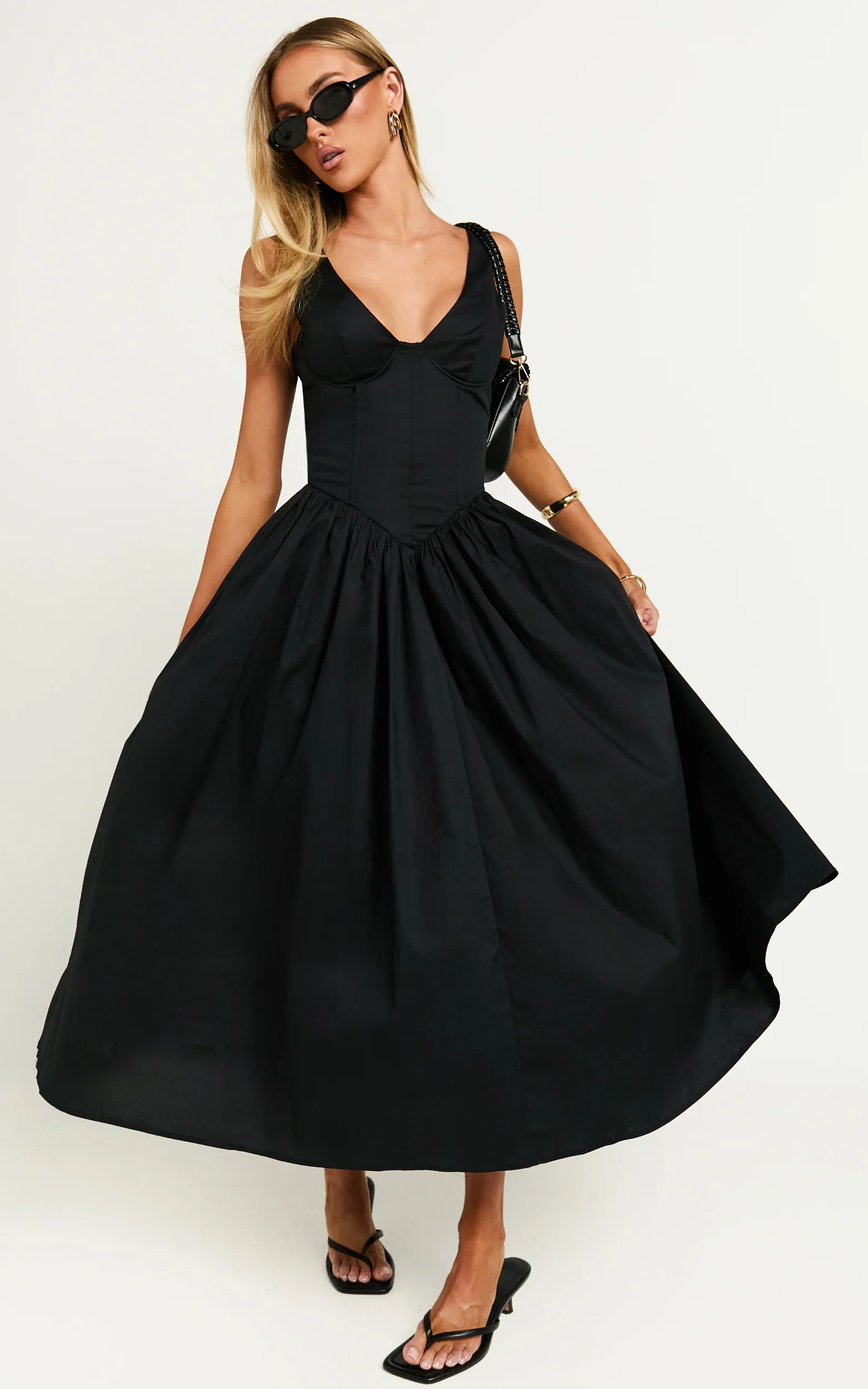 Beckett Midi Dress Scoop Neck Drop V Waist Gathered Skirt Dress in Black