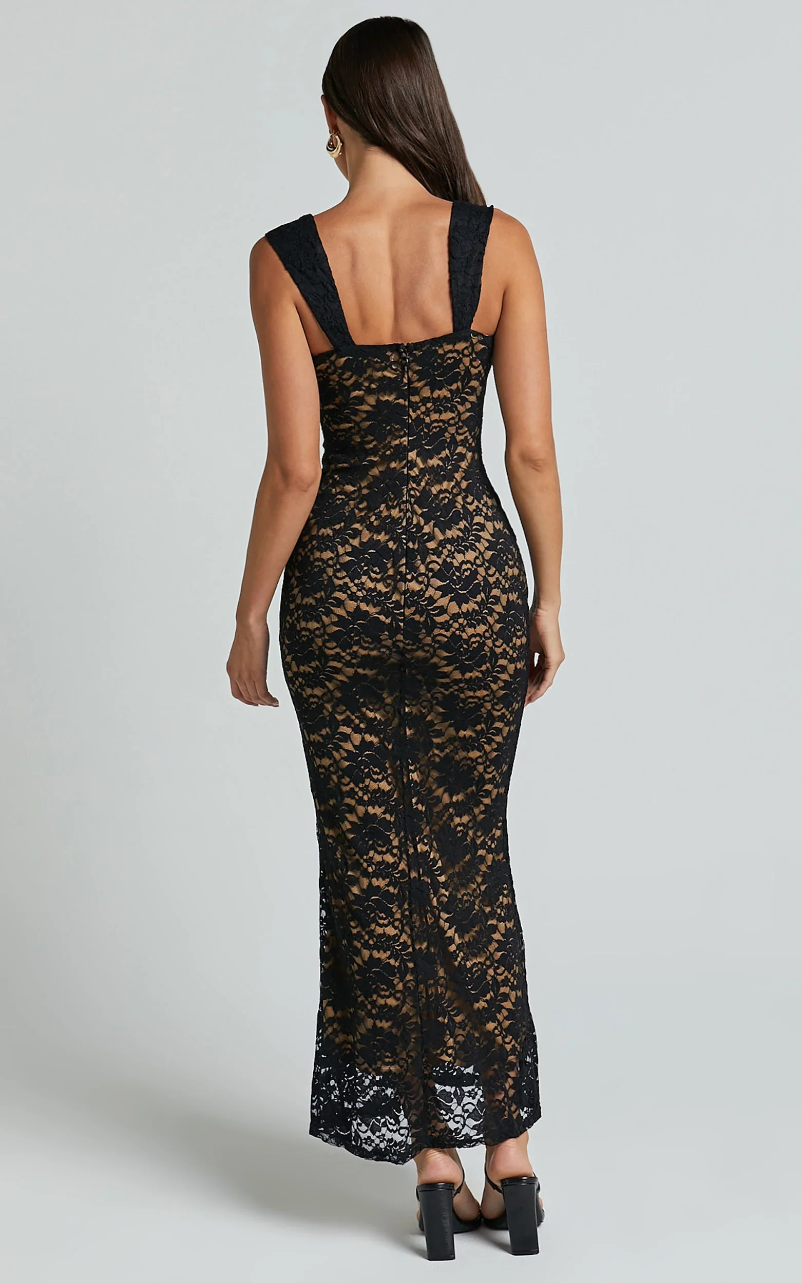 Collette Midi Dress Ruched Bust Wide Strap Detail Lace Midi Dress in Black