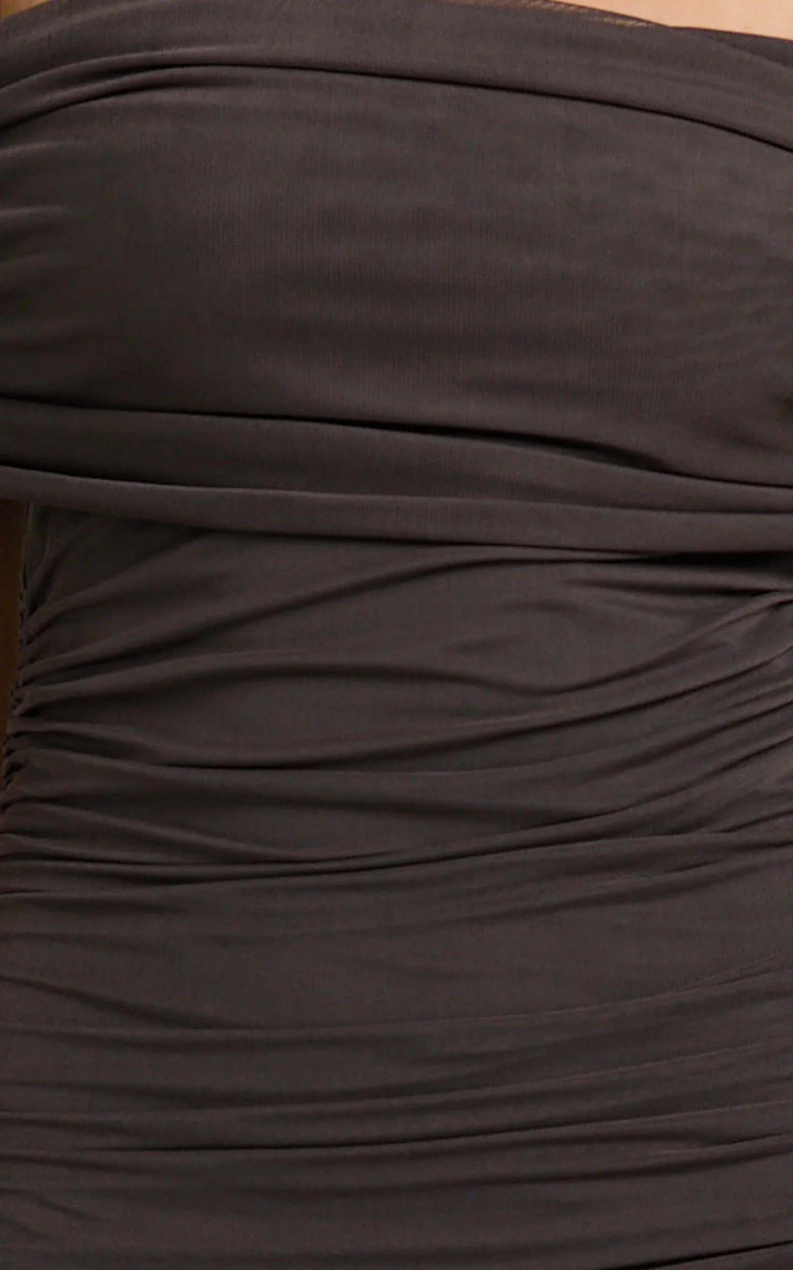 Caterina Maxi Ruched Off Shoulder Mesh Dress in Chocolate