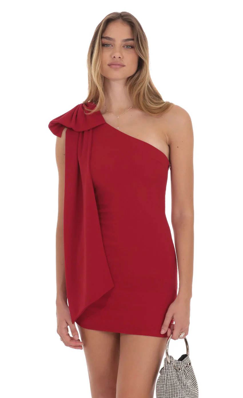 One Shoulder Bow Dress in Red