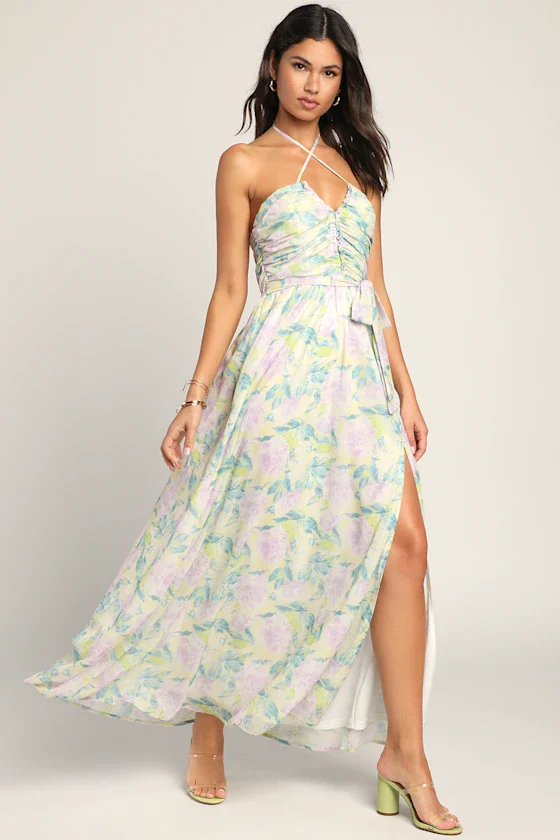 Effortlessly Abloom Green Multi Floral Ruched Halter Maxi Dress
