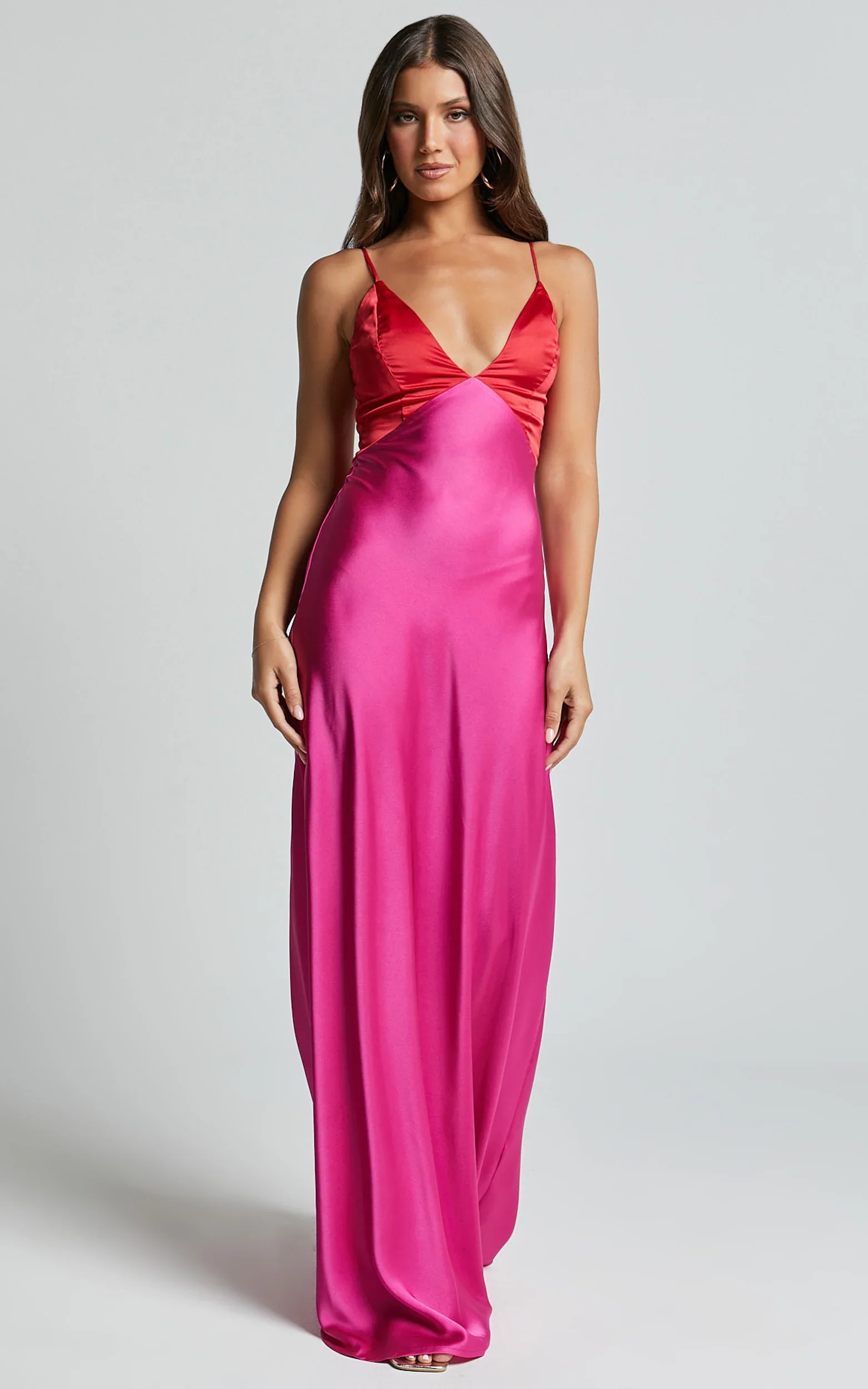 Quincy Maxi Dress Satin Slip Dress in Pink/Red