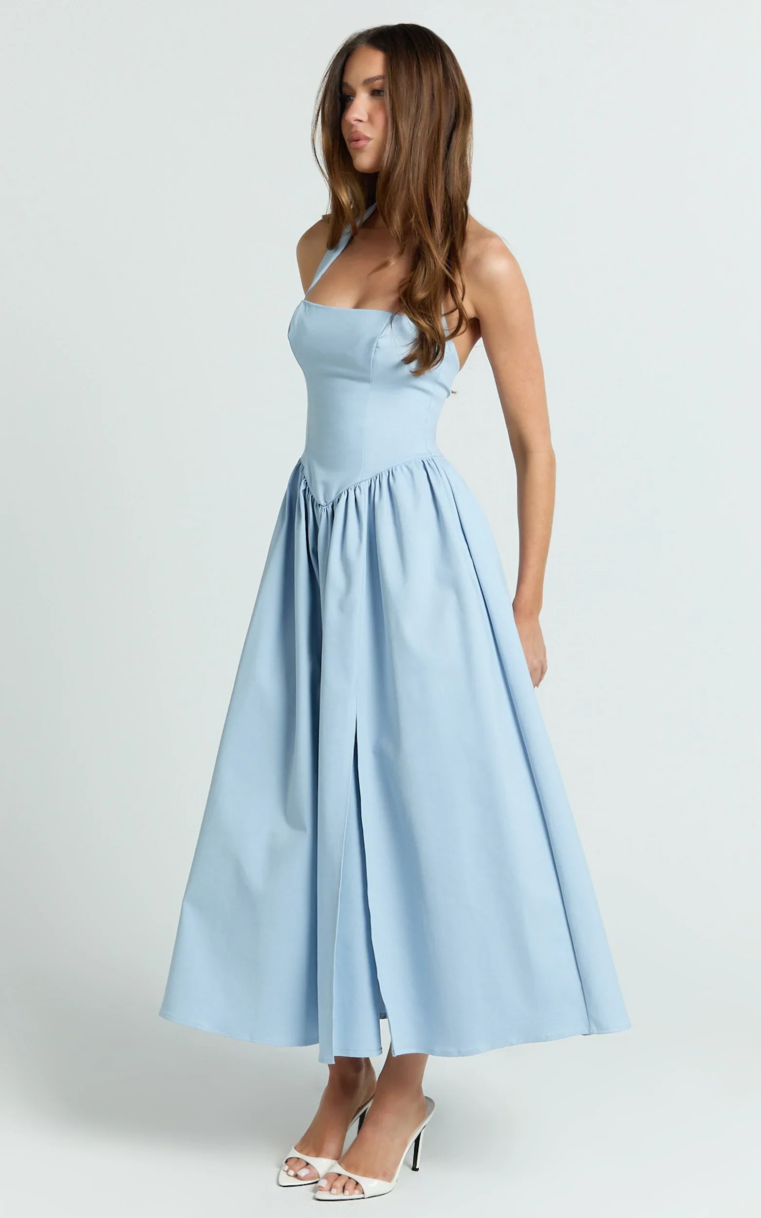 Helda Midi Dress Halter Tie Neck Corset Panel Dress in Soft Blue
