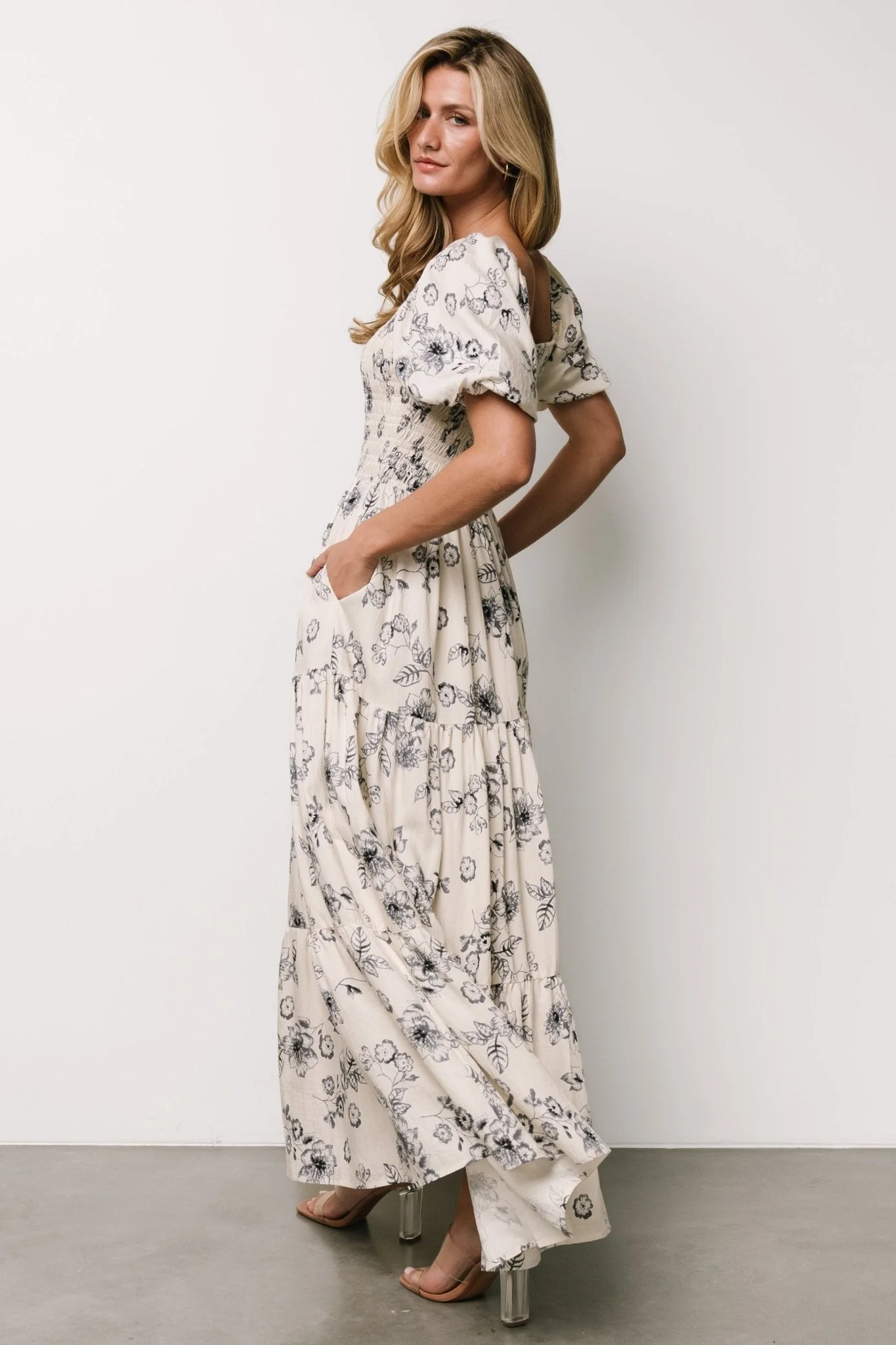 Susanna Smocked Maxi Dress | Ivory + Blue Floral