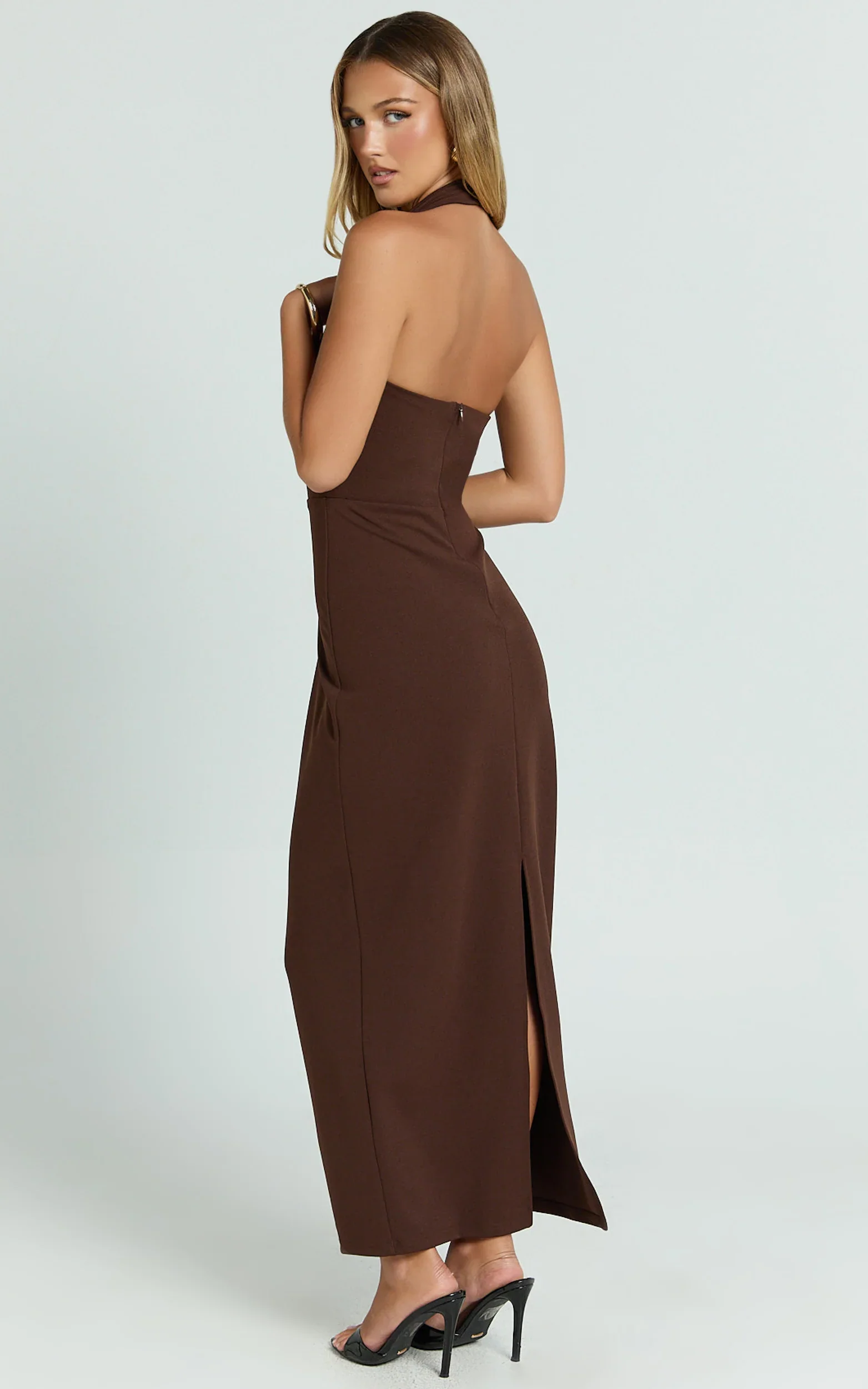Salome Midi Dress Halter Neck Column Dress in Chocolate