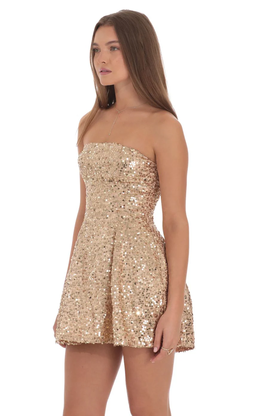 Sequin Strapless Fit and Flare Dress in Gold