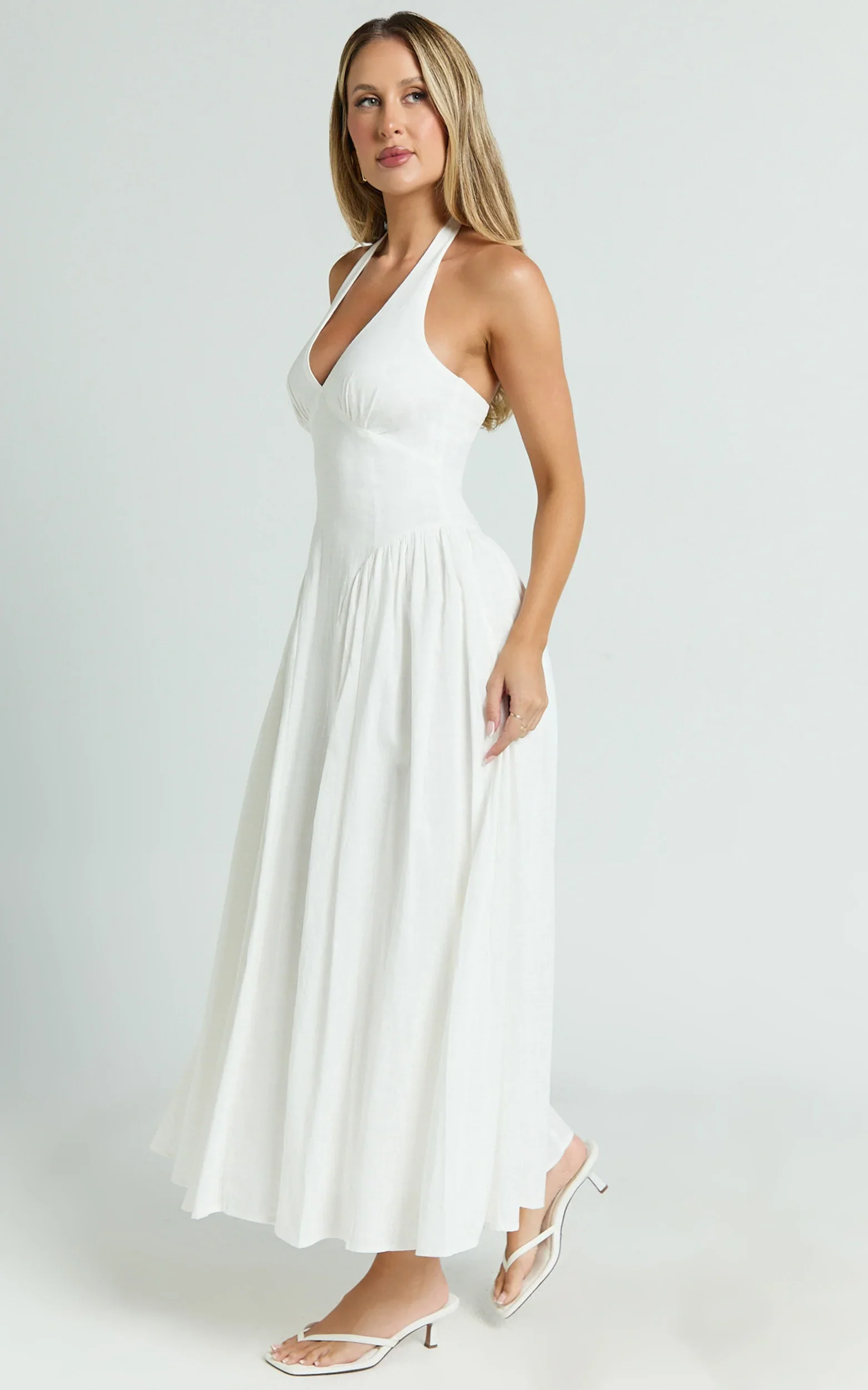 Athena Midi Dress Halter Drop Waist Dress in White
