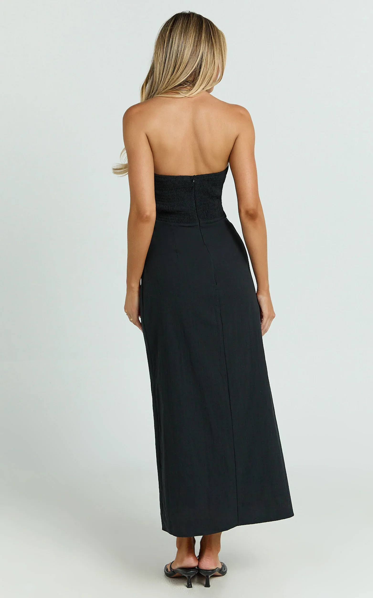 Lindley Midi Dress Halter Neck Linen Look Dress in Black