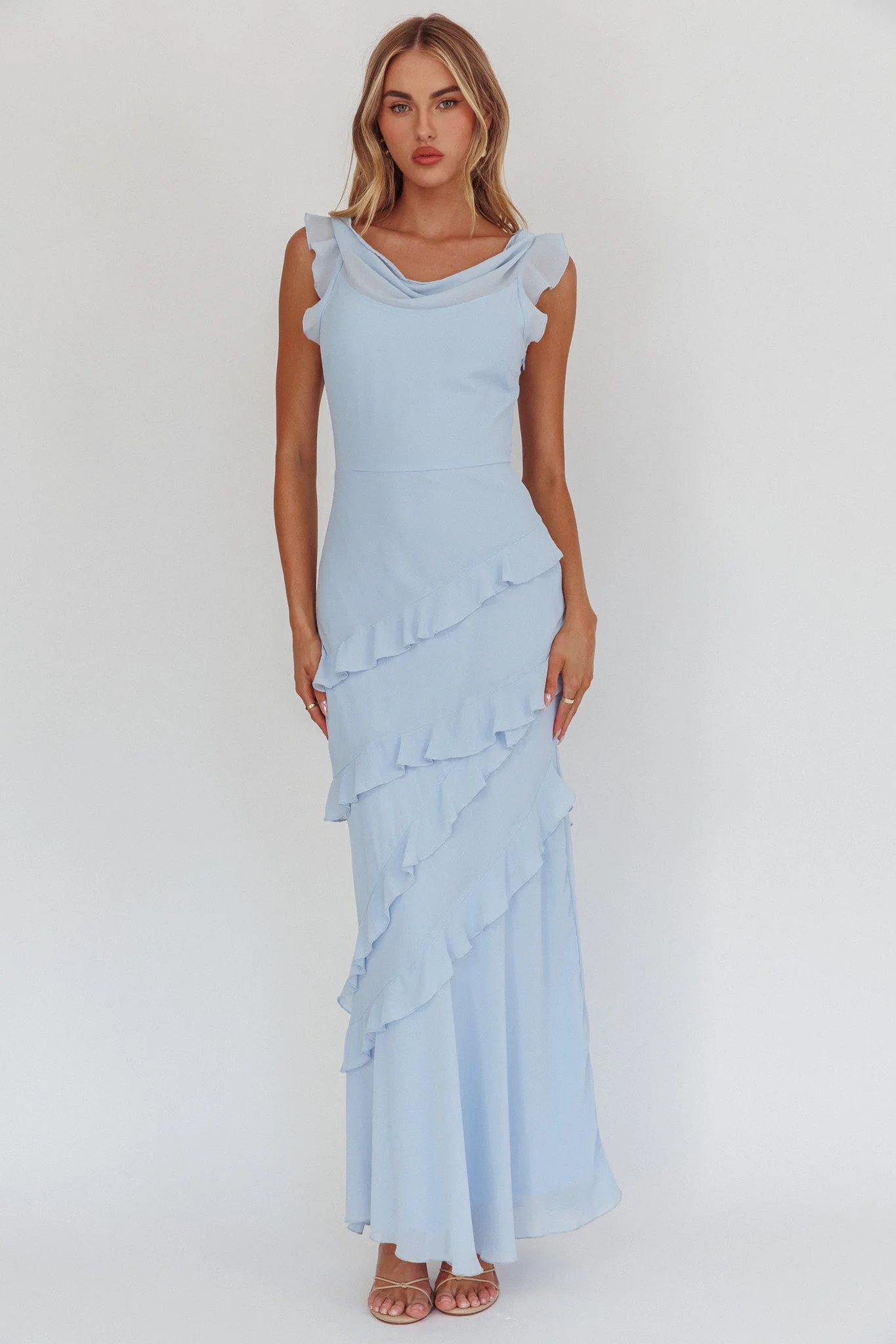 Sangria Cowl Neck Frill Maxi Dress Blue