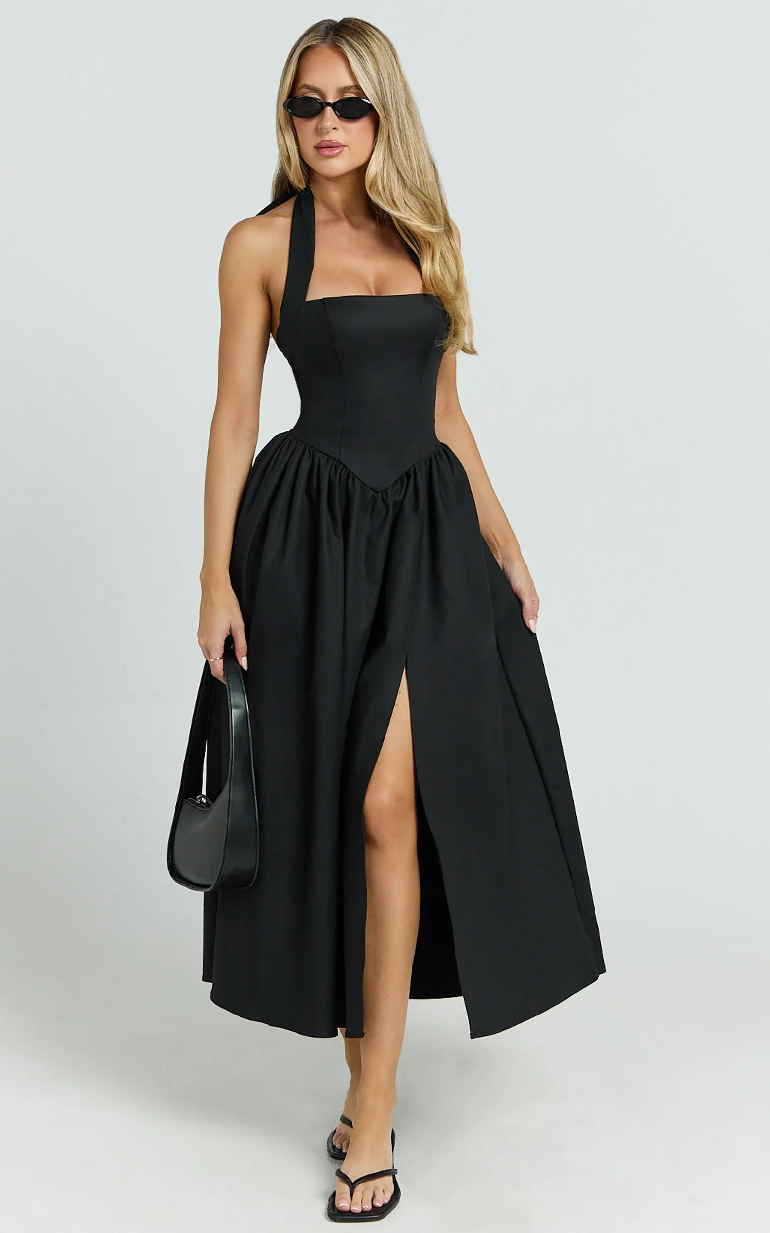 Helda Midi Dress Halter Tie Neck Corset Panel Dress in Black