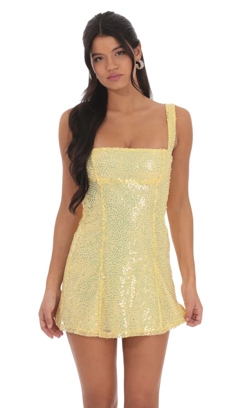 Sequin Glitter Back Bow Bodycon Dress in Yellow