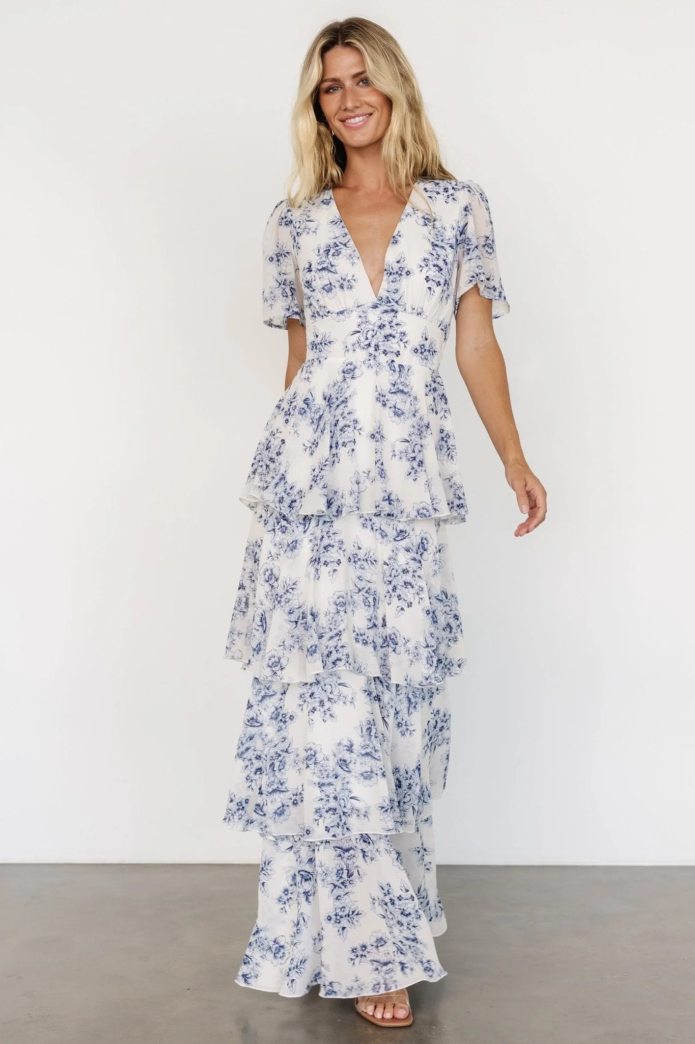 Montaigne Ruffle Maxi Dress | Off White + Blue
