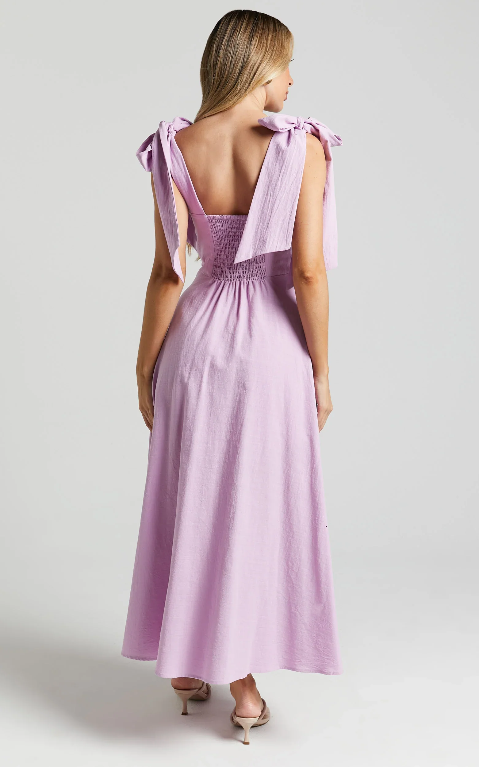 Tymia Midi Dress Shoulder Tie Bustier Shirred Back A Line in Lavender