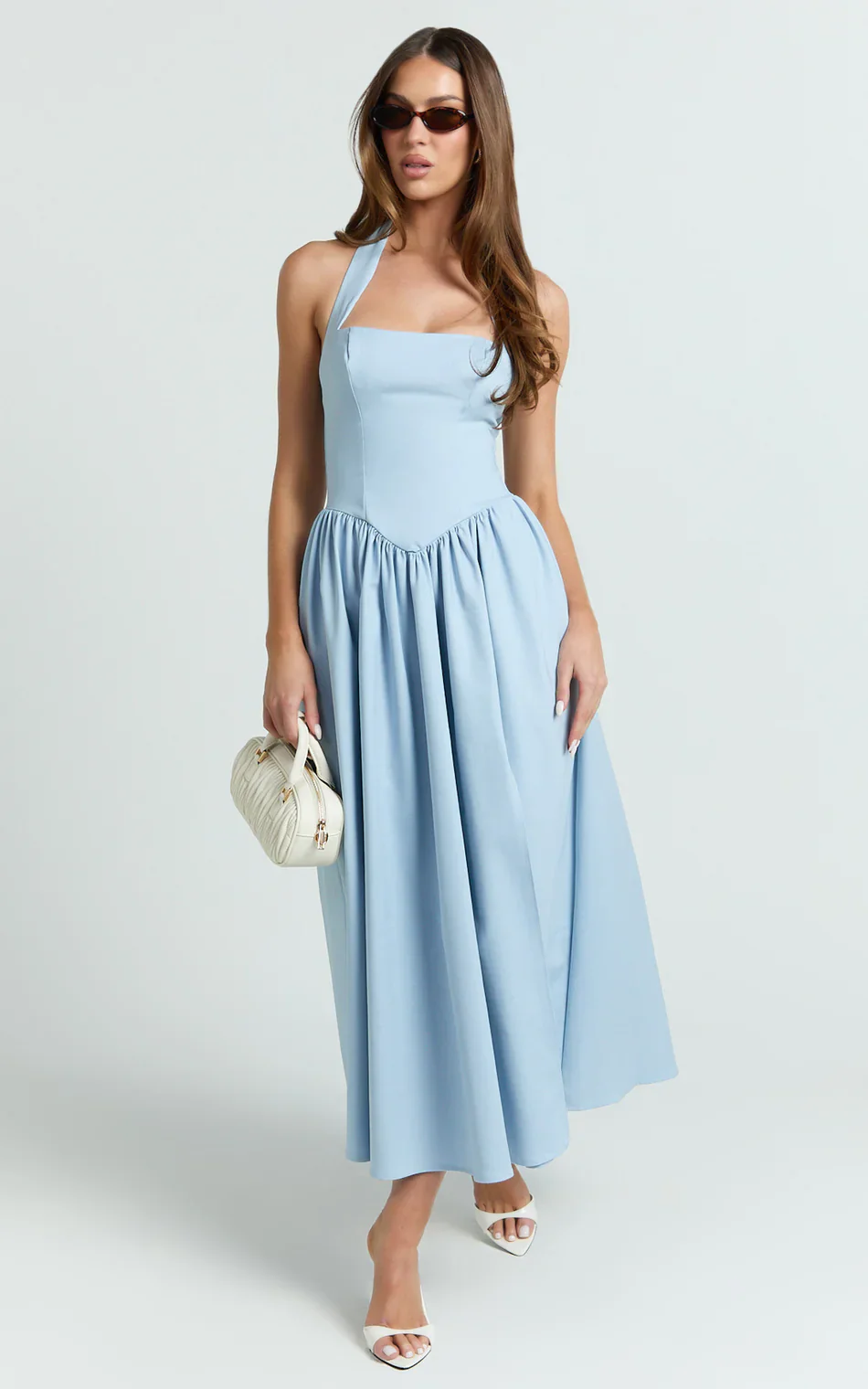 Helda Midi Dress Halter Tie Neck Corset Panel Dress in Soft Blue