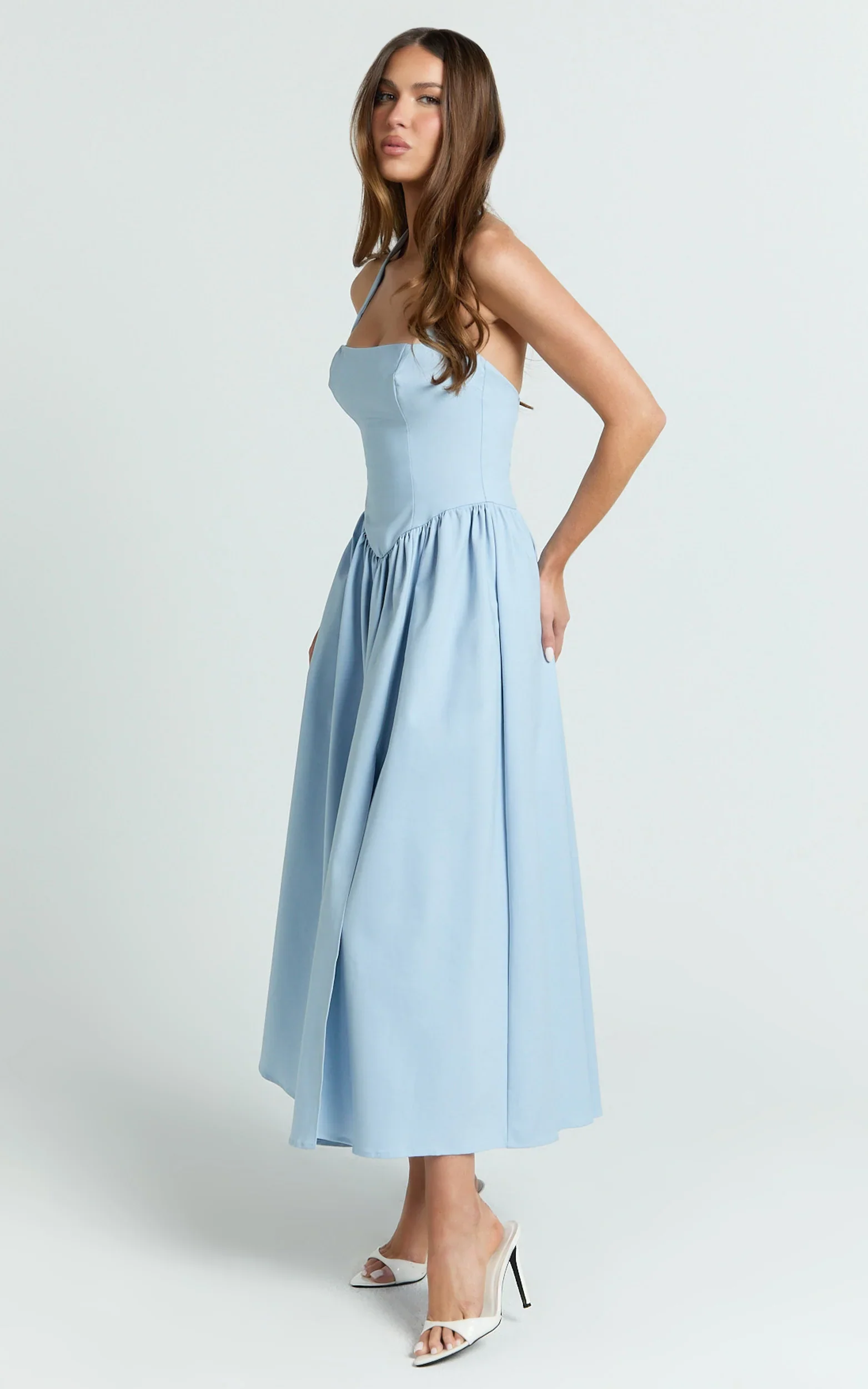Helda Midi Dress Halter Tie Neck Corset Panel Dress in Soft Blue
